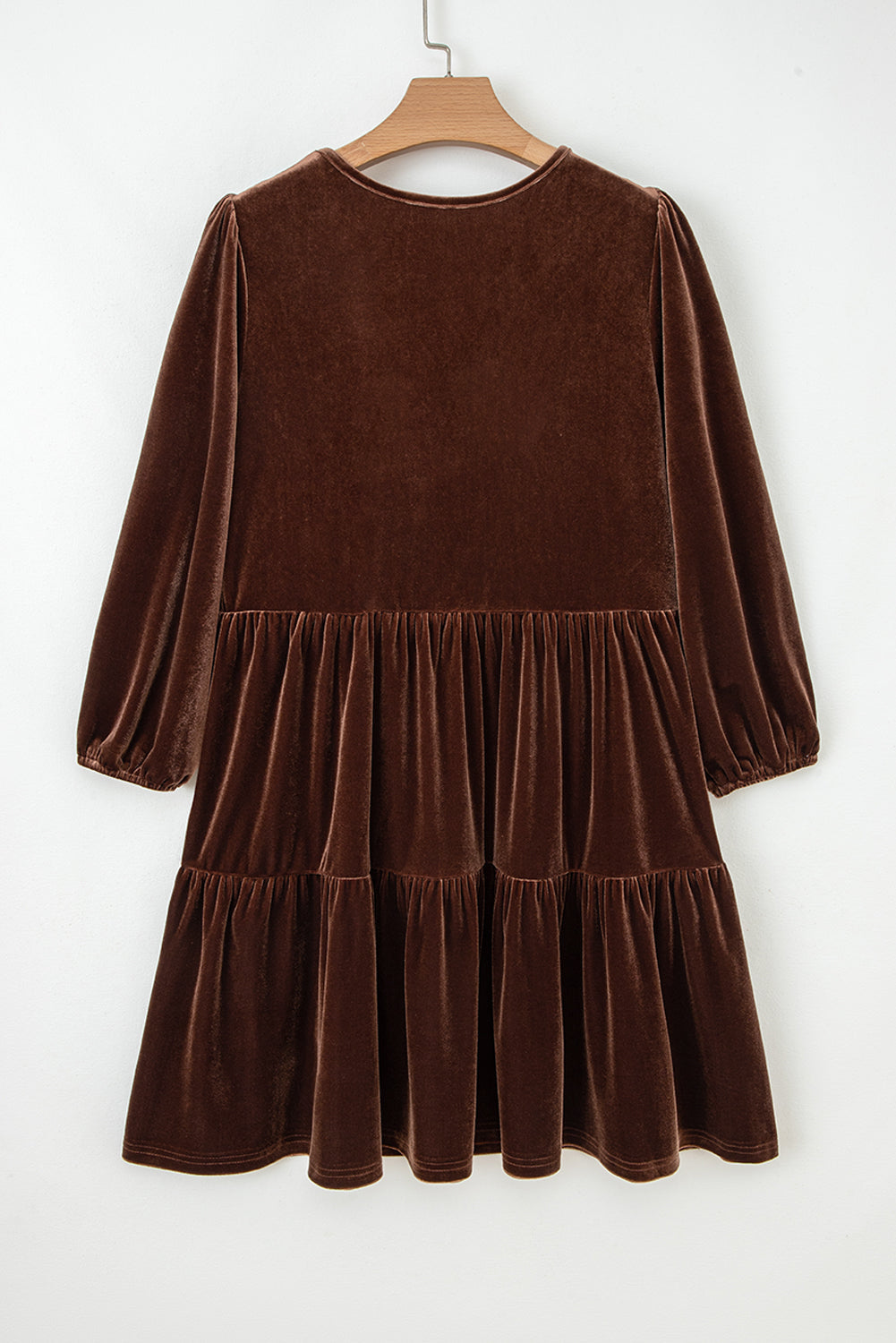Brown Velvet V-Neck Long Sleeve Tiered Mini Dress eAura