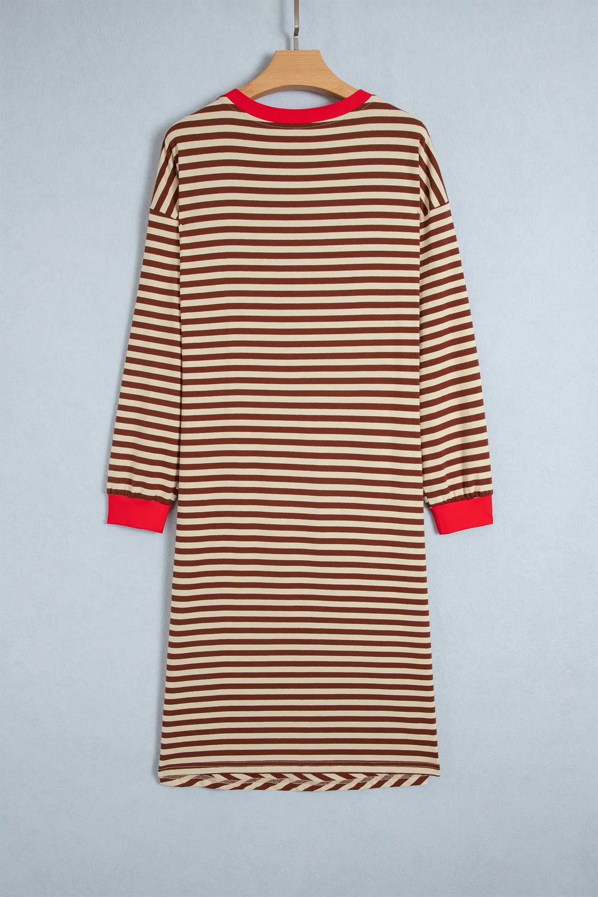 Striped Colourblock Cuffs Round Neck Long Sleeve Shift Dress – Brown Stripe