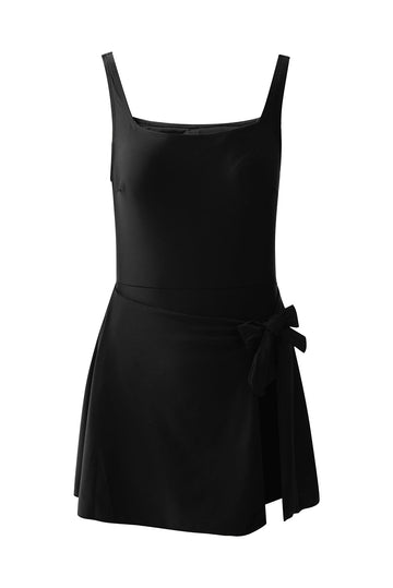 Black Side Tied Waist Square Neck Adjustable Straps A-line One Piece Swim Dress BB Fashion Outlet