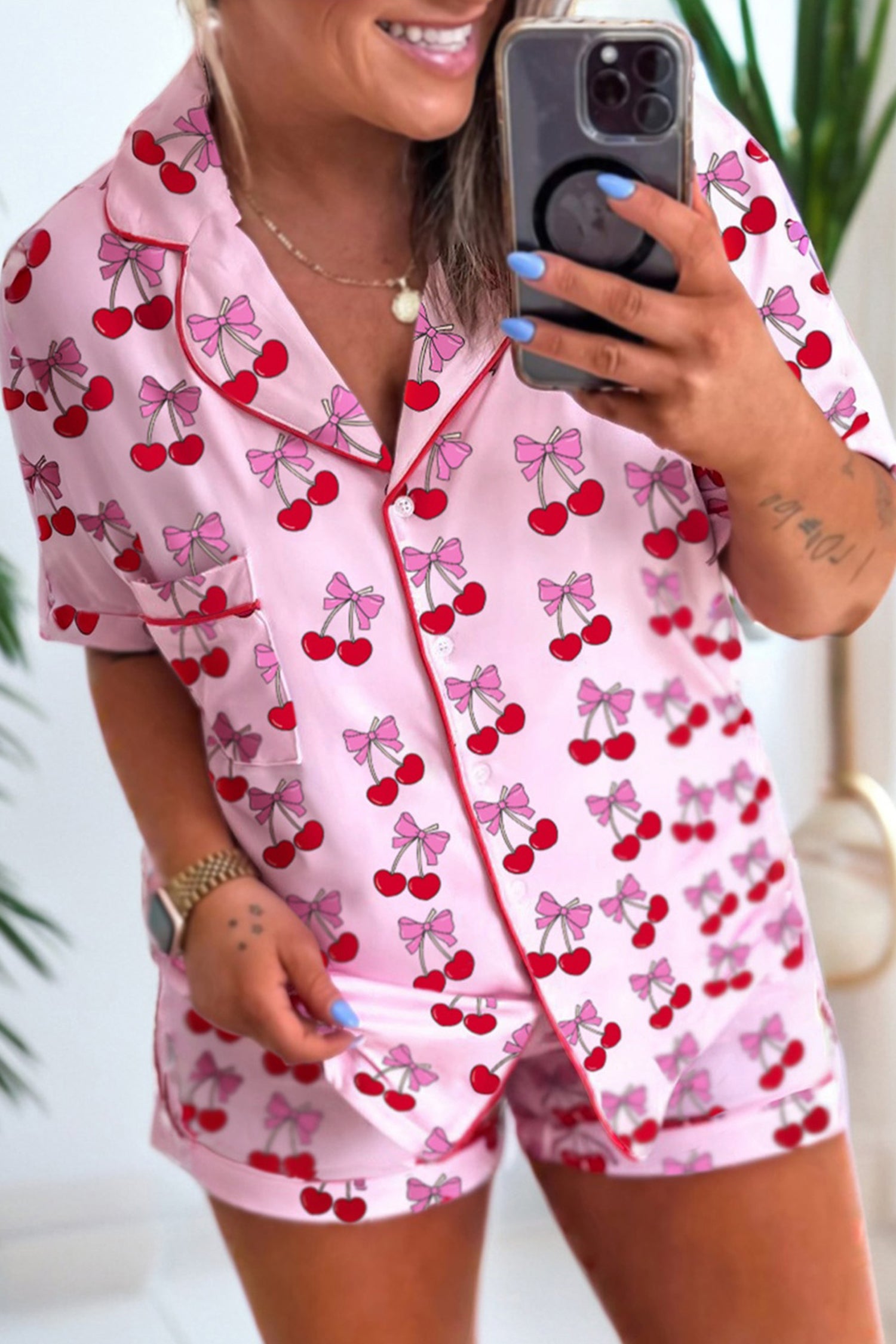 Cherry/Bow Print Short Pajama Set – Pink