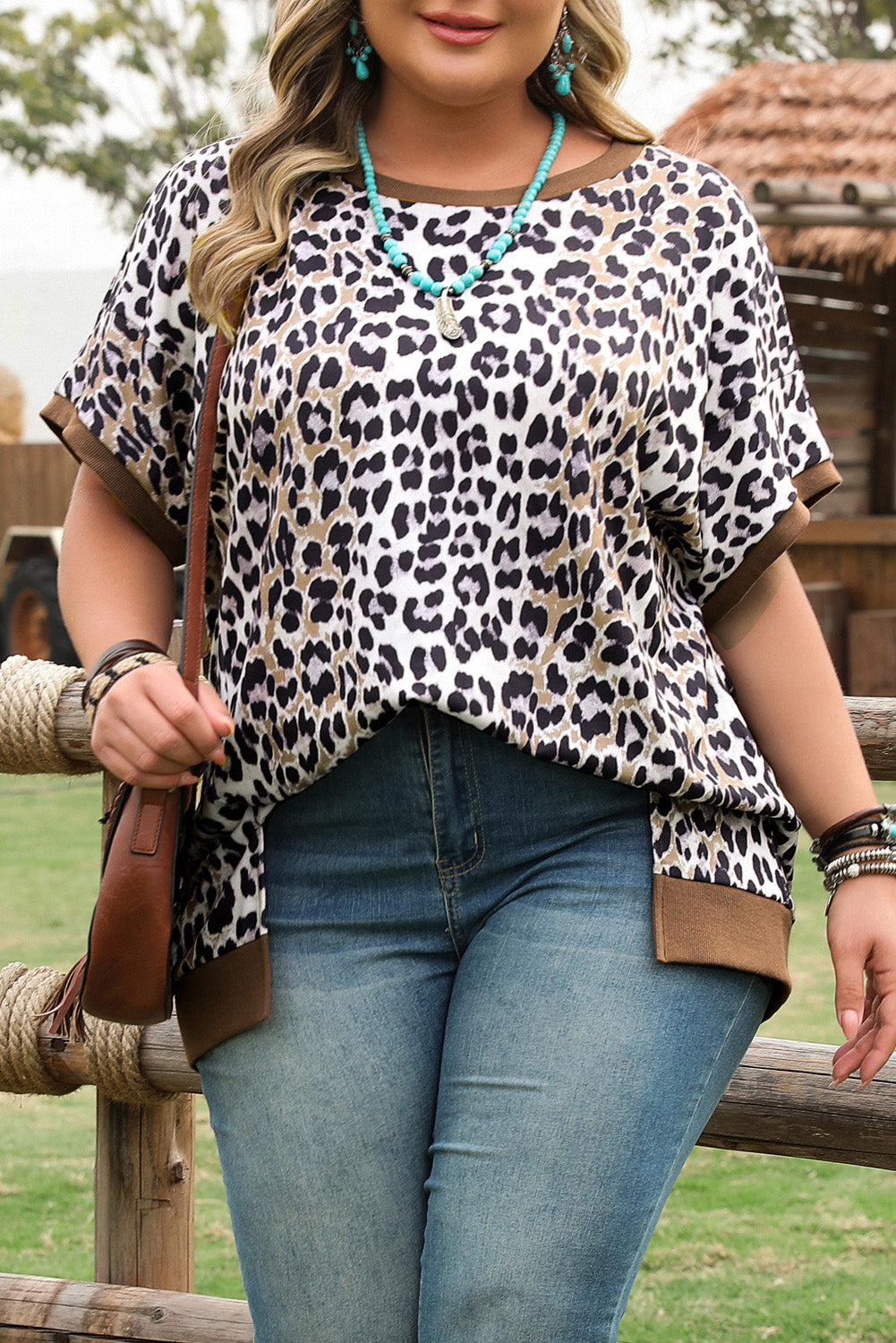 Khaki Leopard Contrast Trim Short Sleeve Loose Plus Size Top BB Fashion Outlet