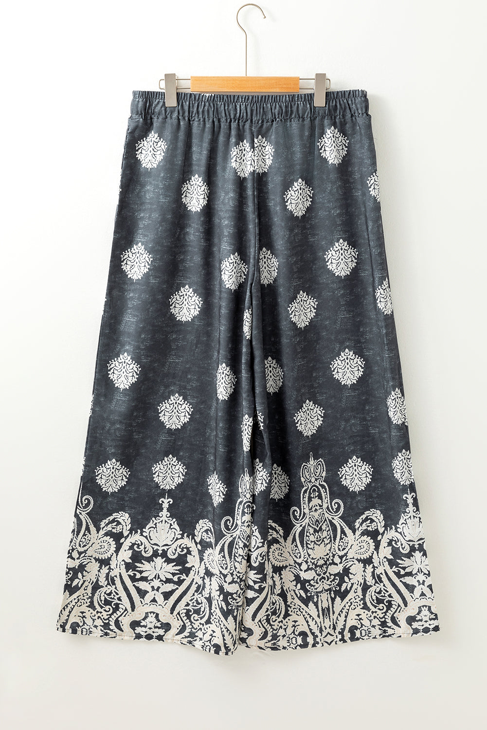 Plus Size Geometric Ethnic Print Drawstring Wide Leg Trousers – Black