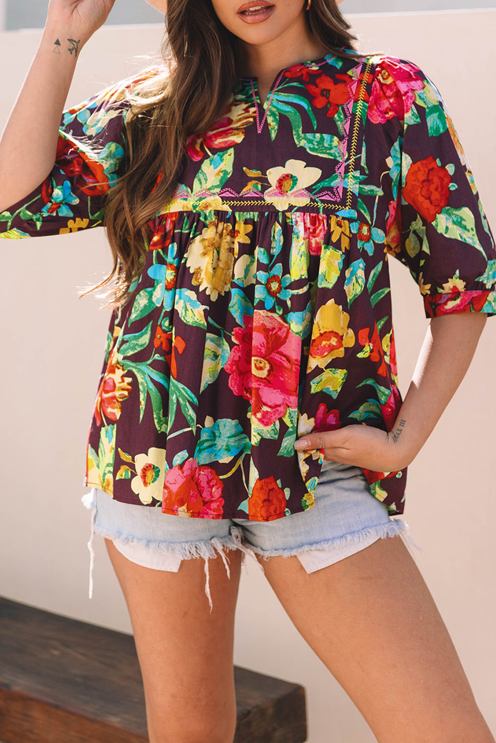Greyish Purple Rose Flower Embroidered Trim Half Sleeve Blouse eAura