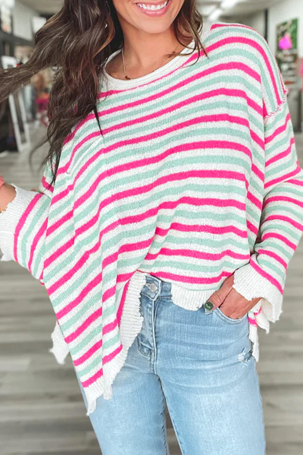 Rose Stripe Oversized Drop Shoulder Sweater with Pocket eAura