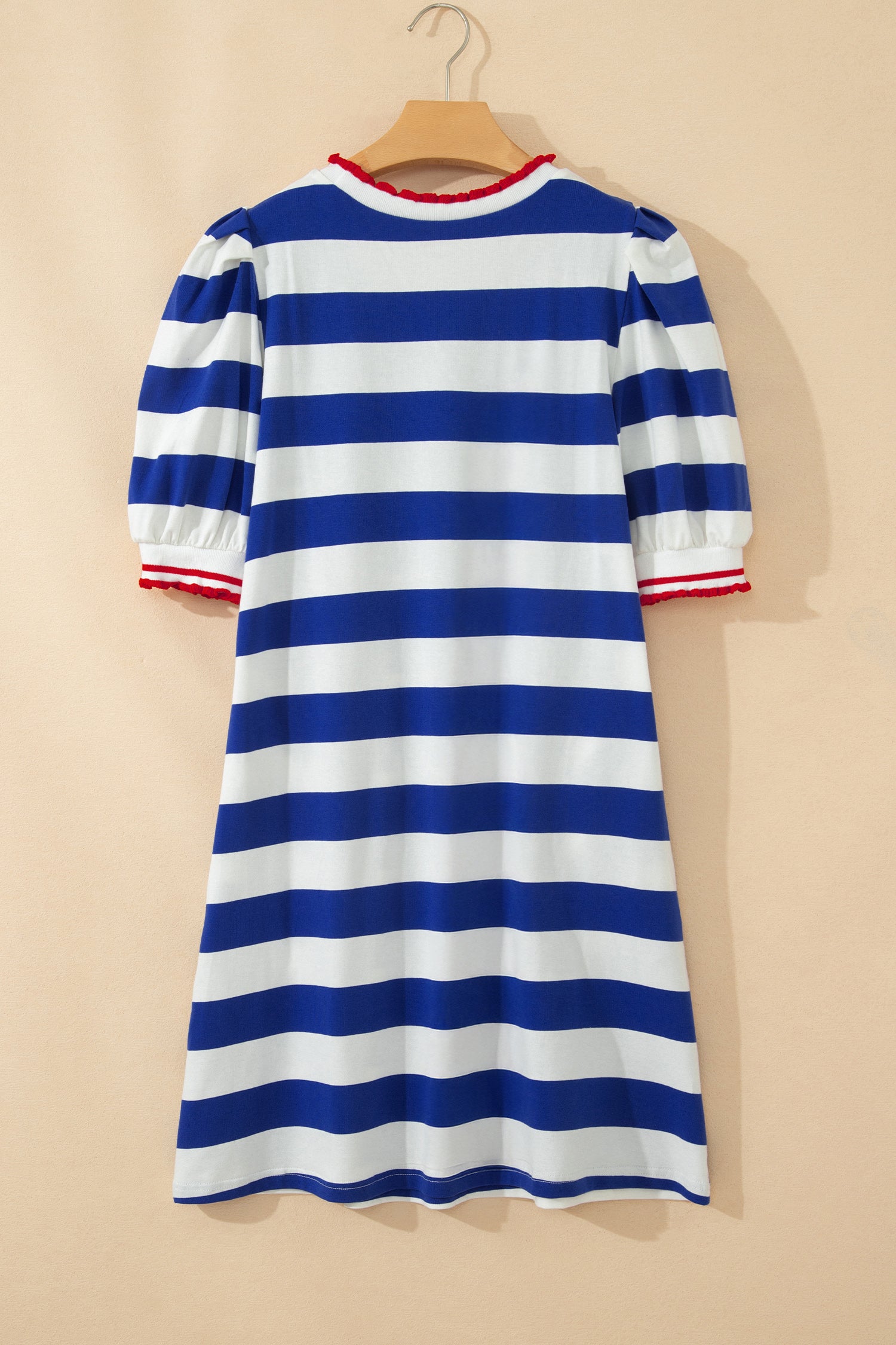 Stripe Contrast Trim Round Neck Short Puff Sleeve Shift Mini Dress