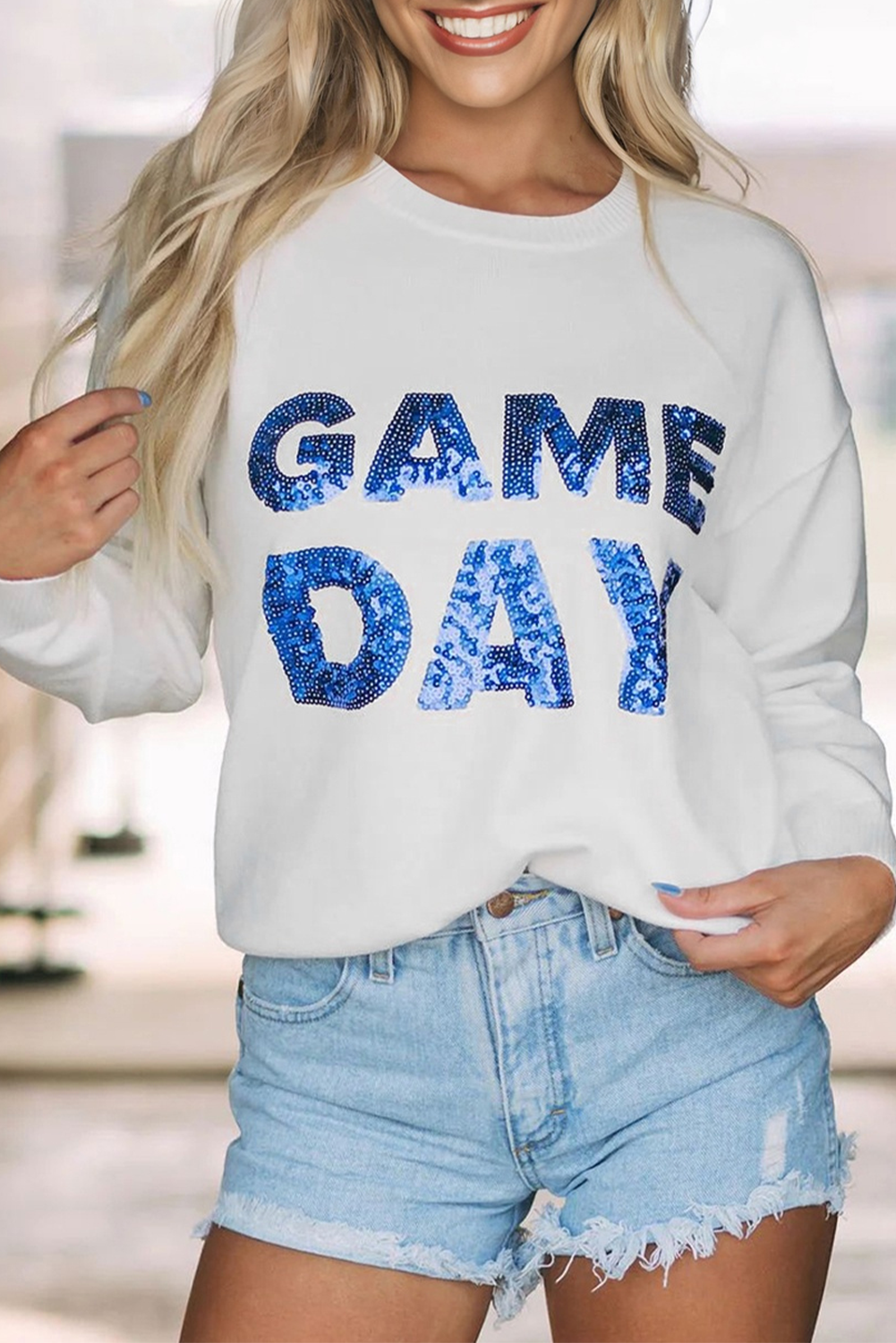 White Sequined GAME DAY Graphic Round Neck Sweater Dear-Lover Dropshipping
