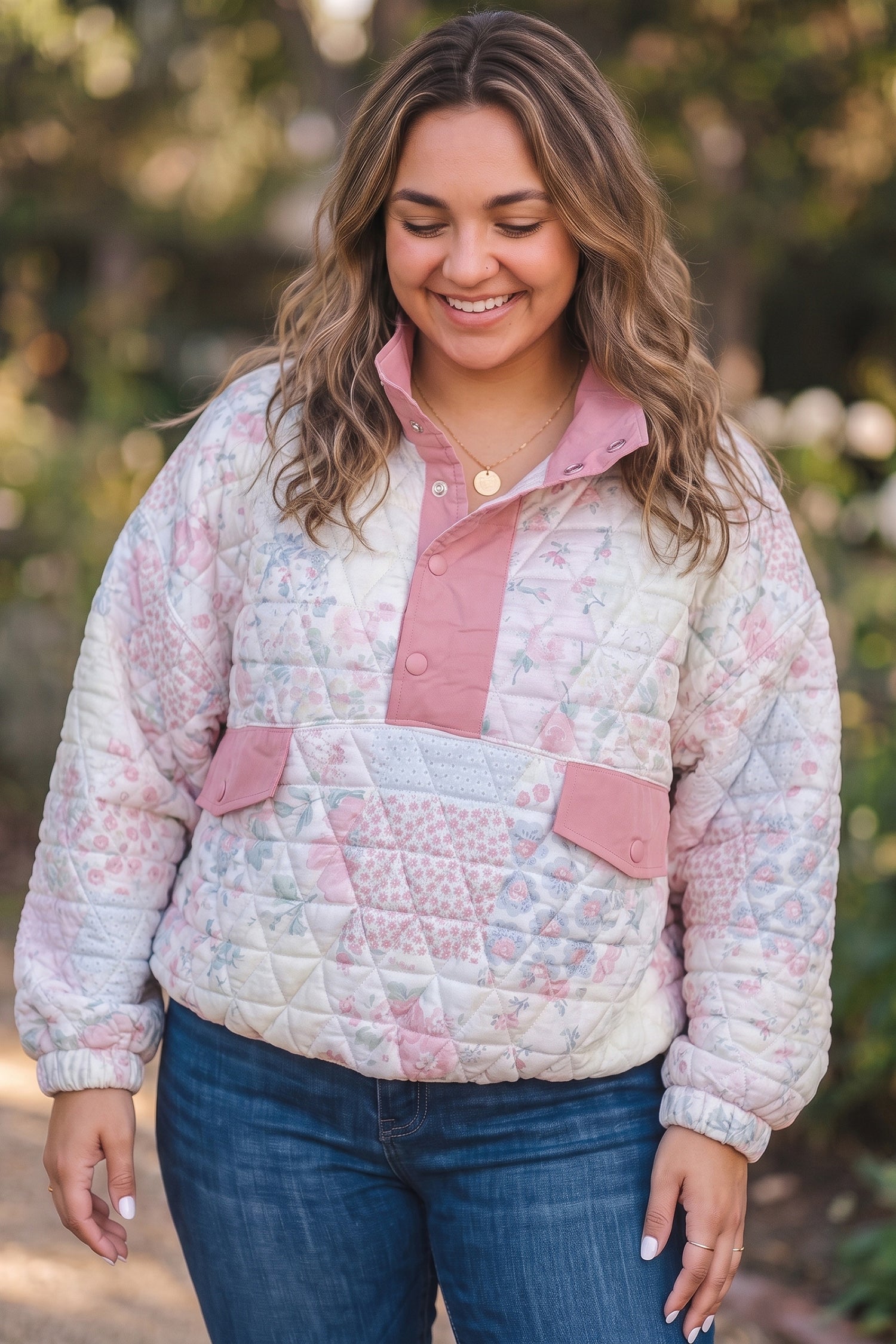Floral Quilted V-Neck Plus Size Fake Pocket Sweatshirt – Pink