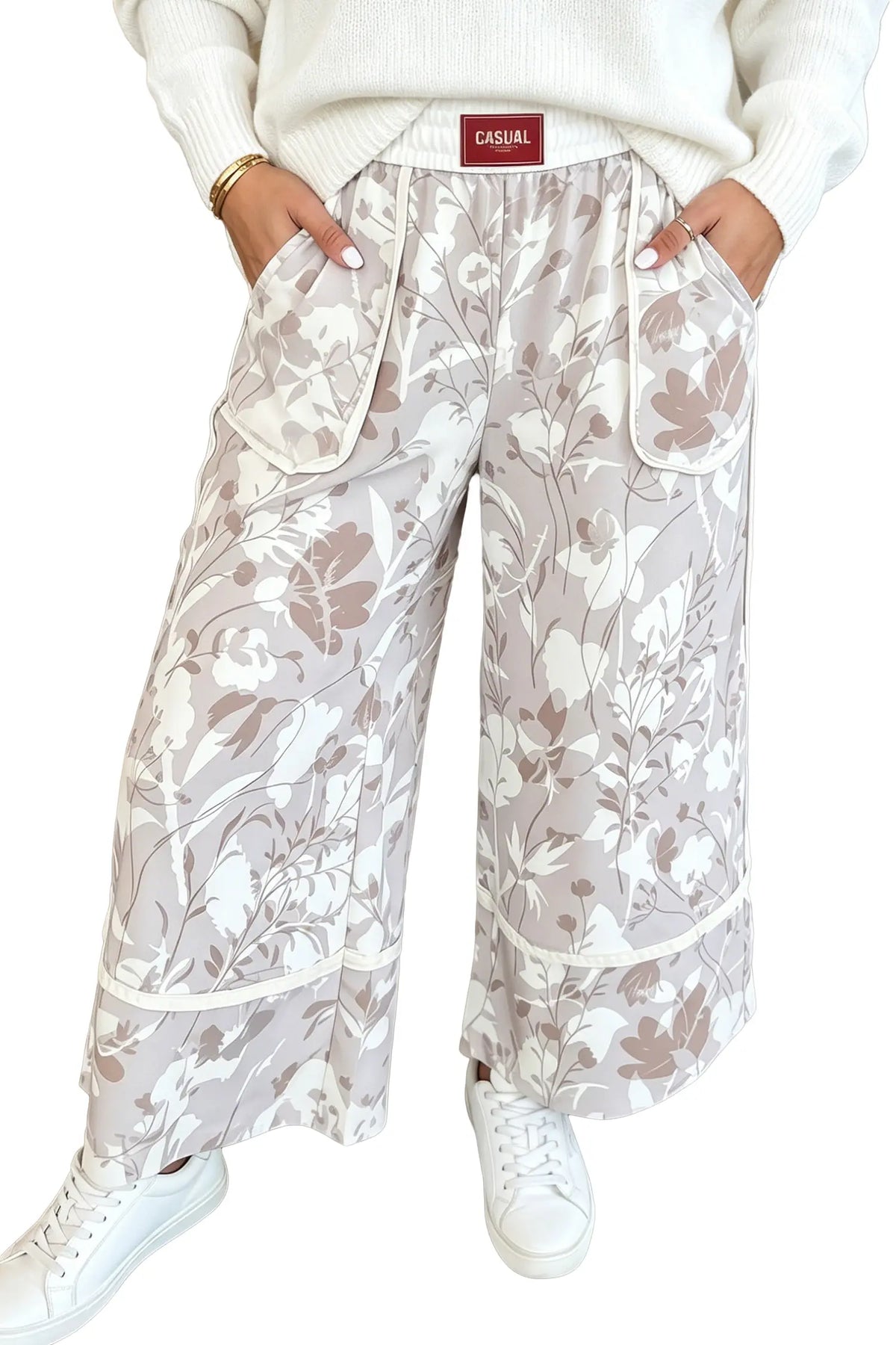Floral Camo Print Contrast Trim Plus Size Loose Pants – Grey