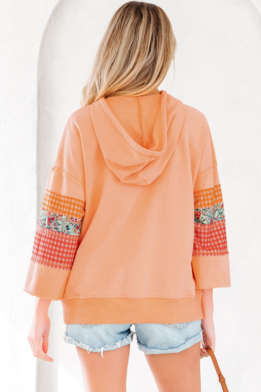 Plaid Floral Patchwork Kangaroo Pocket Hooded Long Sleeve Top - Tops/Long Tops