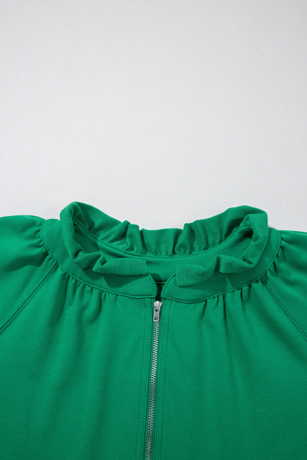 Sea Green Half Zip Puff Sleeve Top and Ruffled Shorts Set eAura
