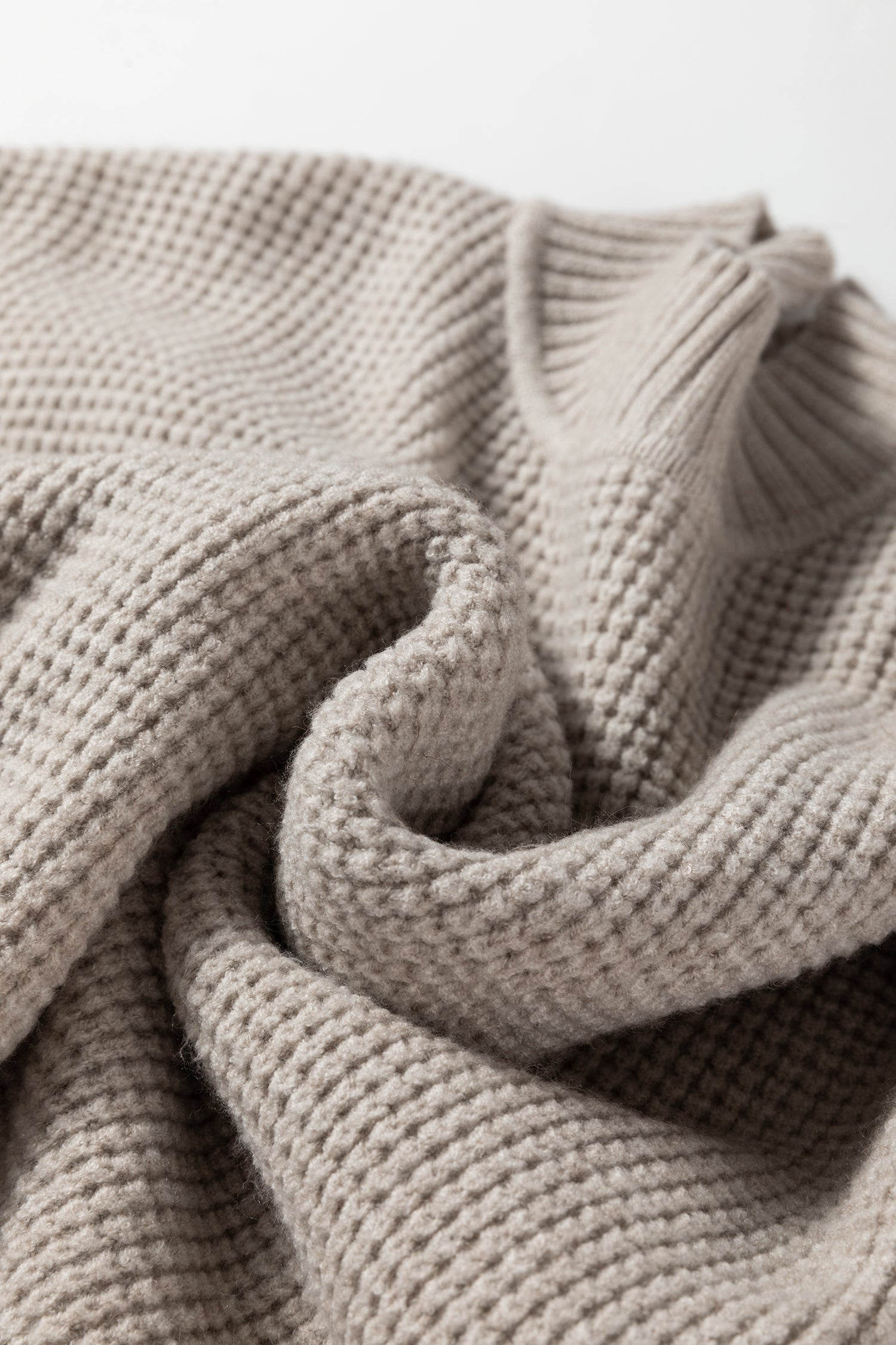 Waffle Texture Knit Ribbed High Neck Drop Shoulder Sweater - eAura