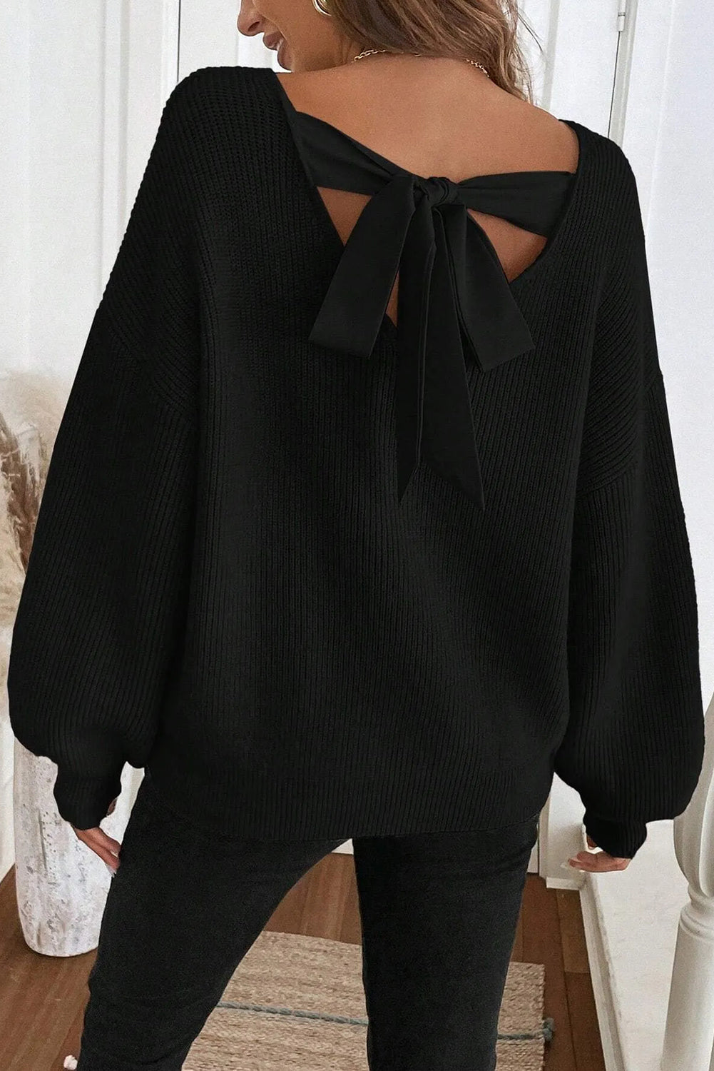 Rib Knit Ribbon Knot Backless Drop Shoulder Sweater - eAura