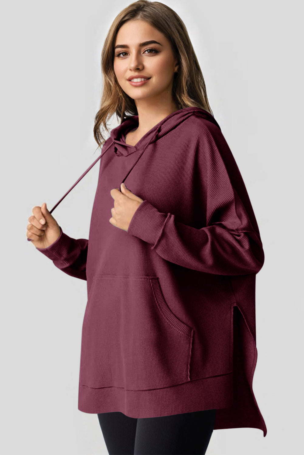 Light Pink Waffle Knit Fleece Lined High Low Oversized Hoodie eAura