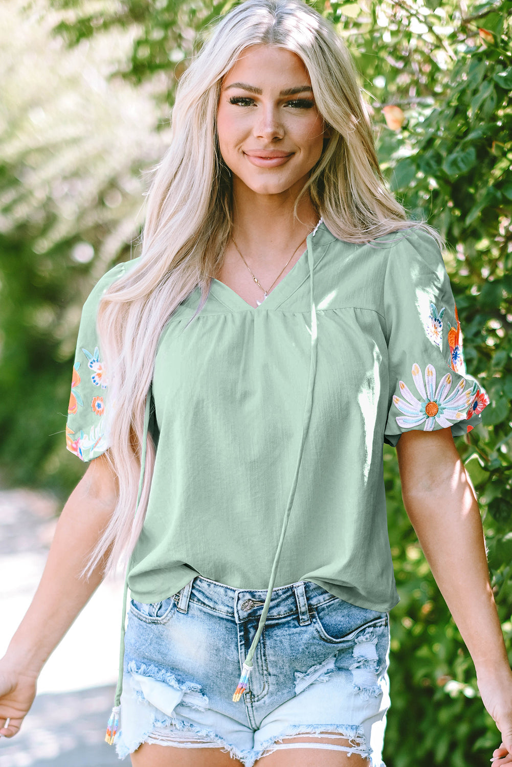 Floral Embroidered Puff Sleeve Split Neck Blouse eAura