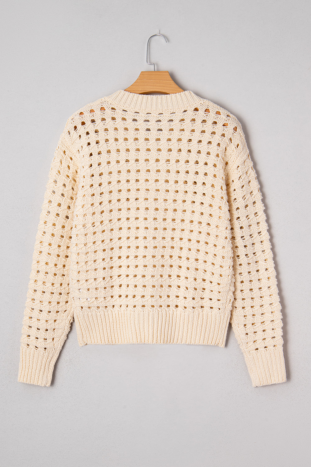 Beige Hollowed Knit Zip-Up Drop Shoulder Cardigan - eAura