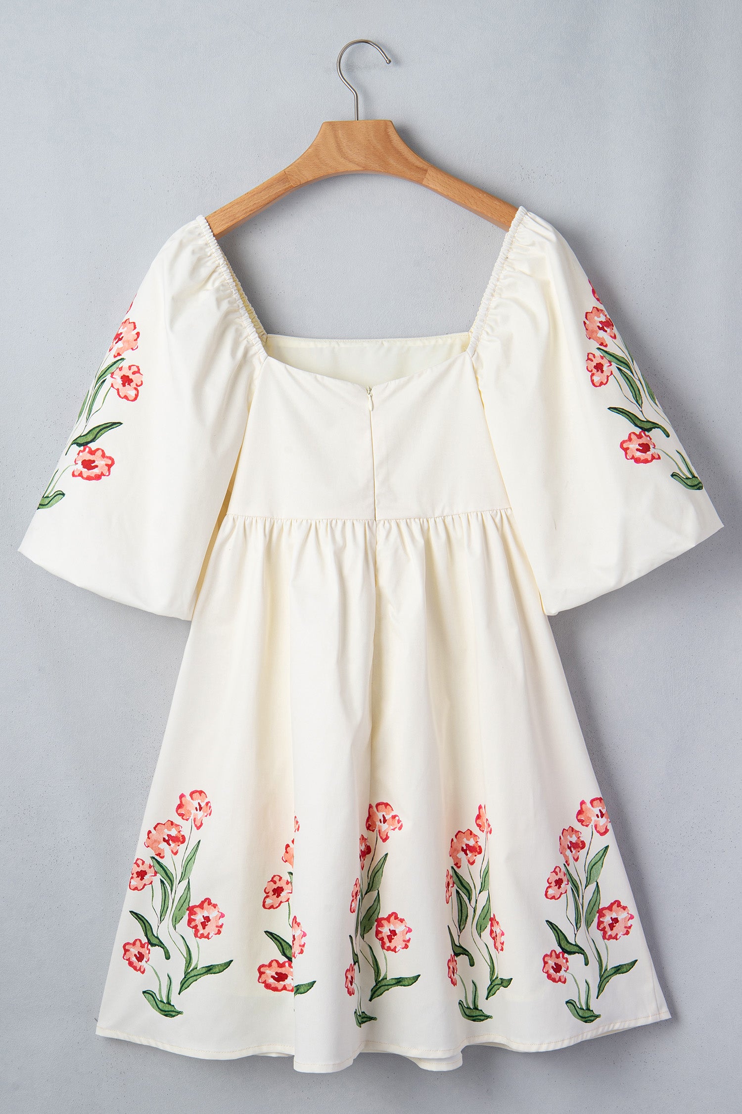 Floral Print Puff Sleeve Square Neck Babydoll Dress – Beige