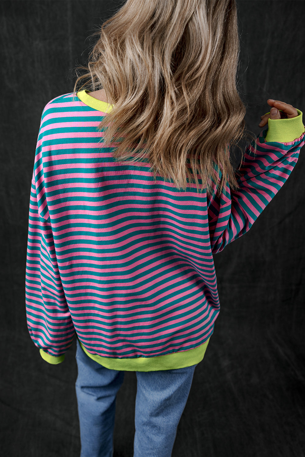 Sky Blue Stripe Oversized Contrast Trim Pullover Sweatshirt BB Fashion Outlet