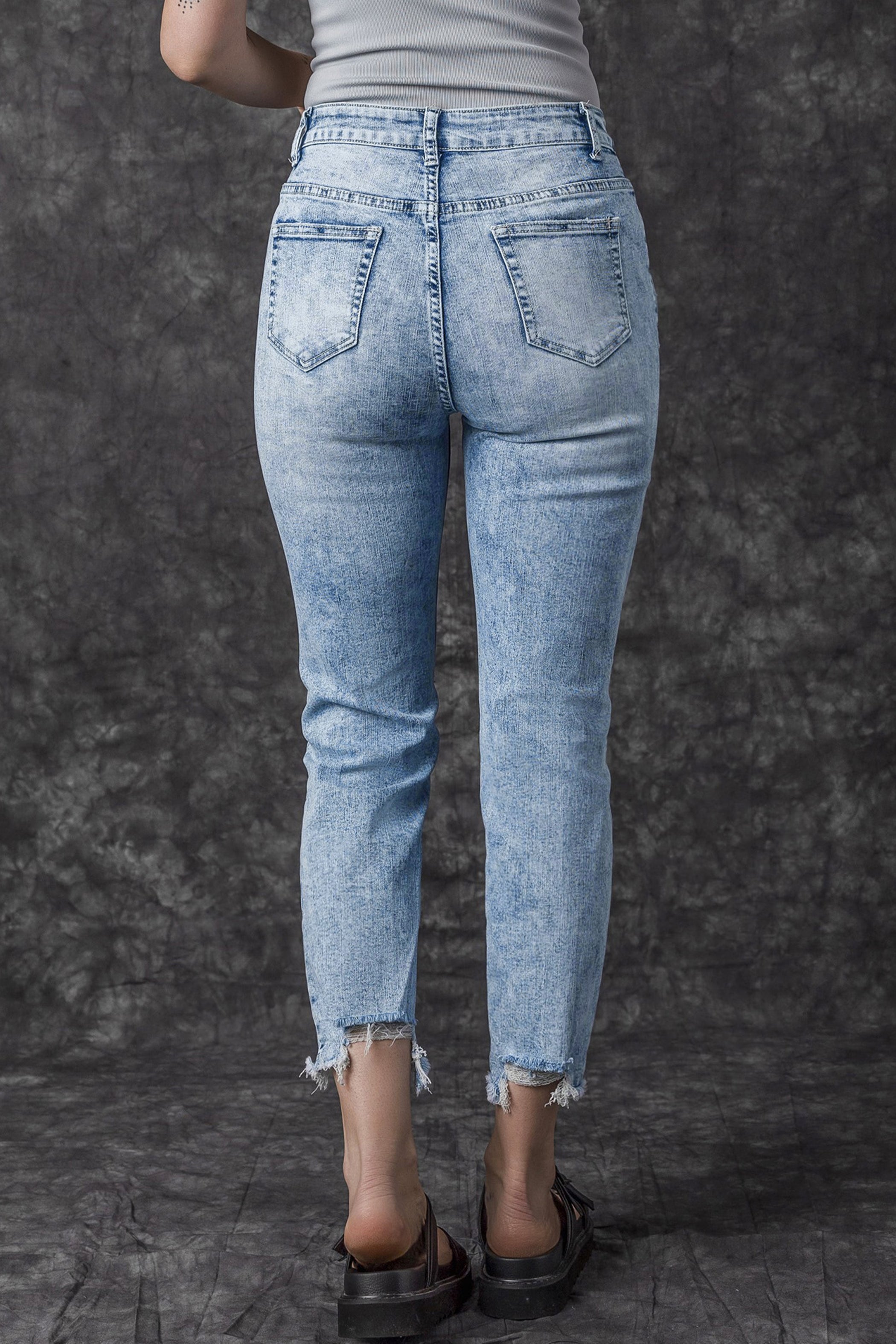 Sky Blue Acid Wash Distressed Slim Fit Jeans Beagle Boutique Fashion Outlet