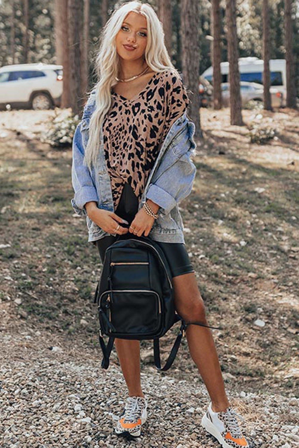 Brown Leopard Print V Neck Half Sleeve Oversized Tee eAura