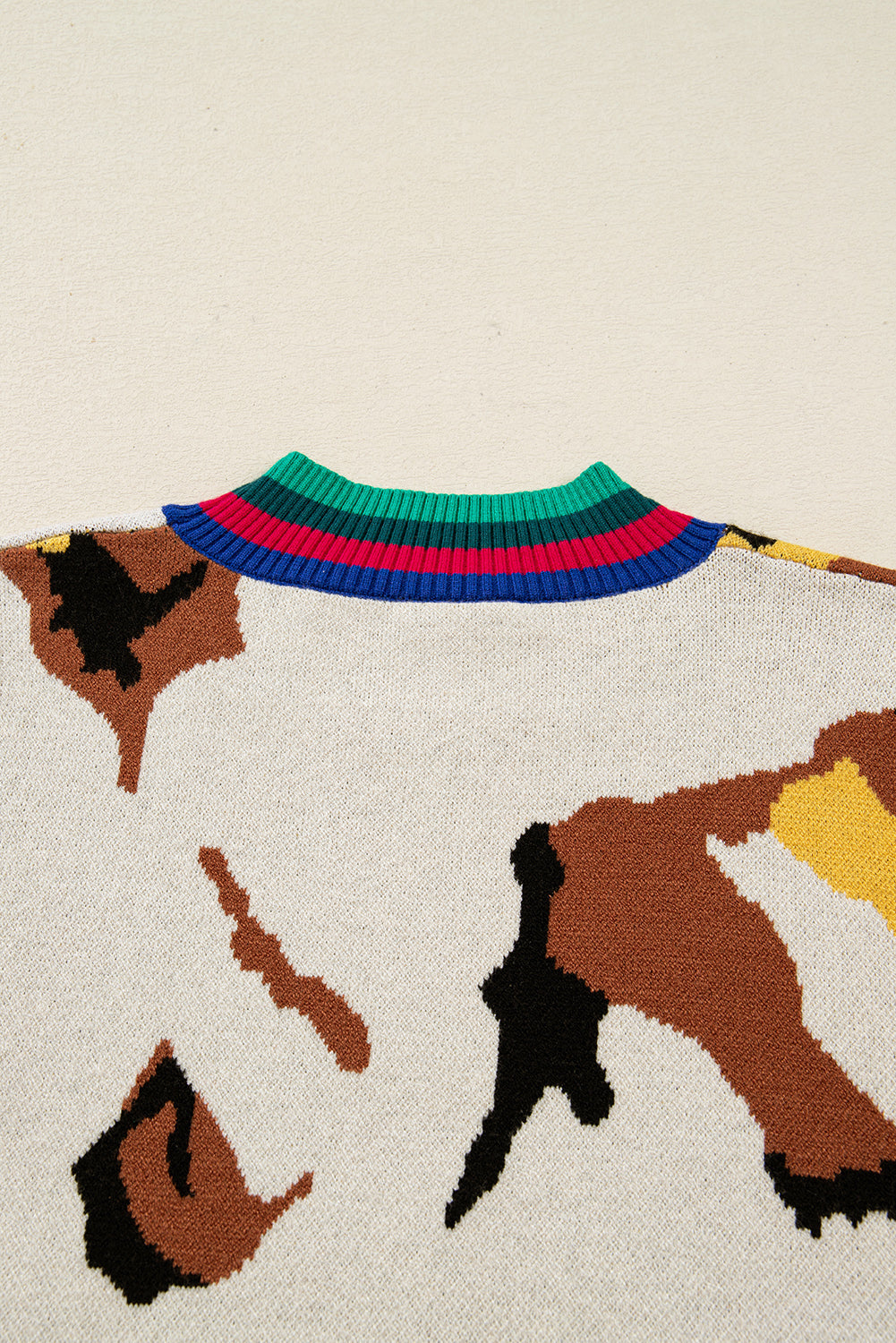 Contrast Ribbed Stripes Detail Animal Pattern Knit Sweater eAura