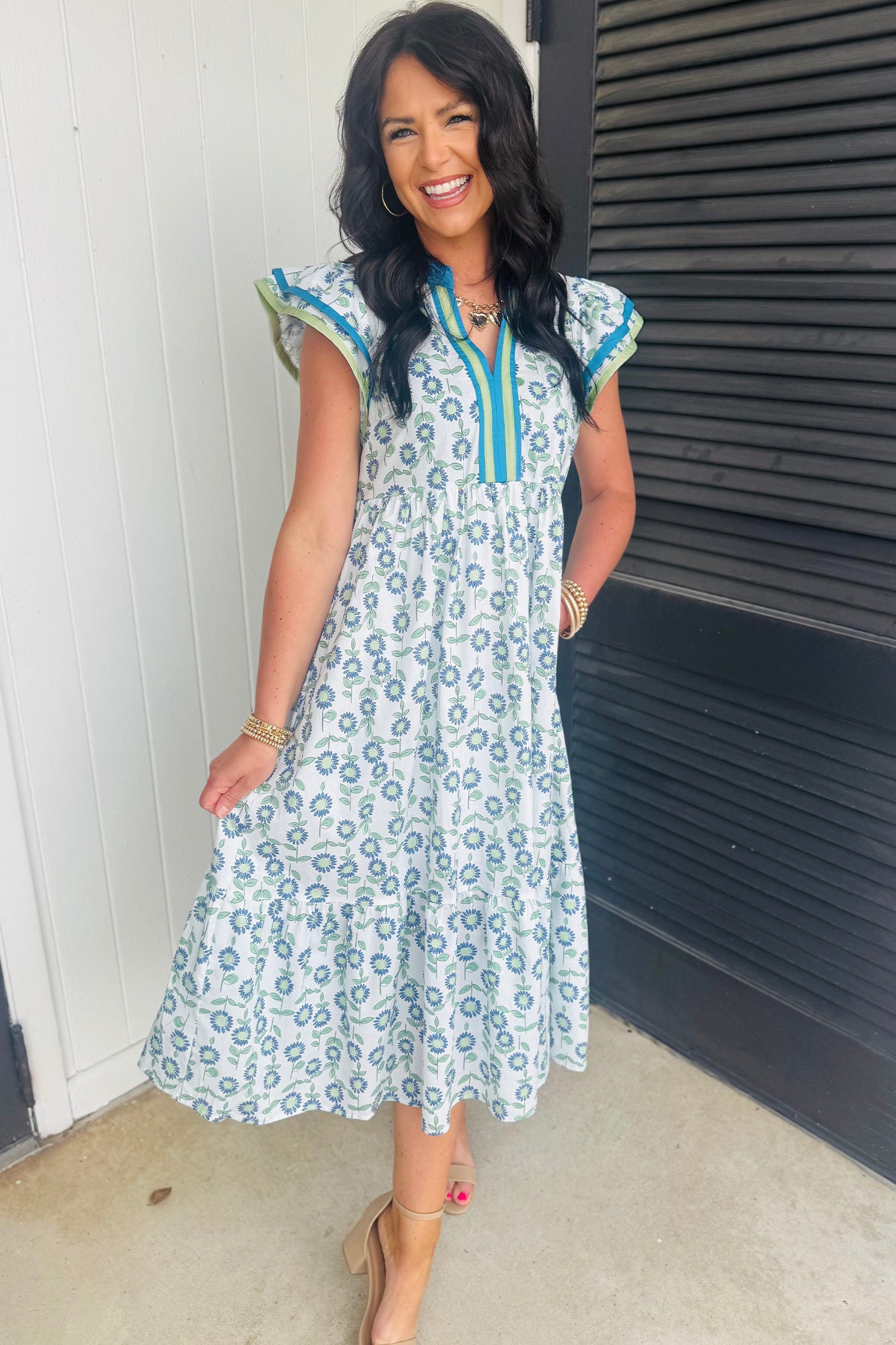 Sunflower Print Striped Patchwork Trim Flutter Sleeve Long Dress