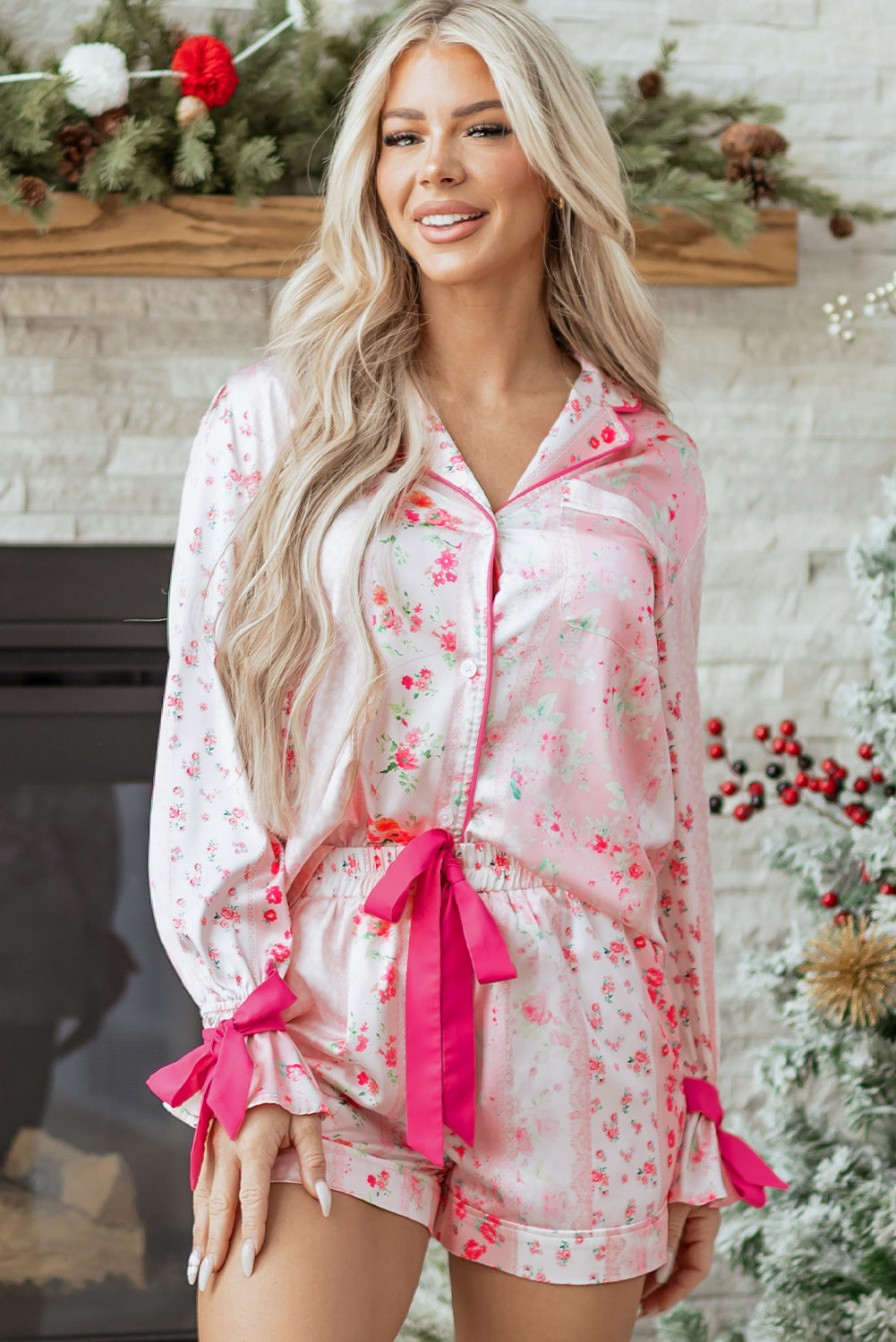 Pink Mixed Floral Print Contrast Piping Trim Satin Tie Pyjama Set - eAura