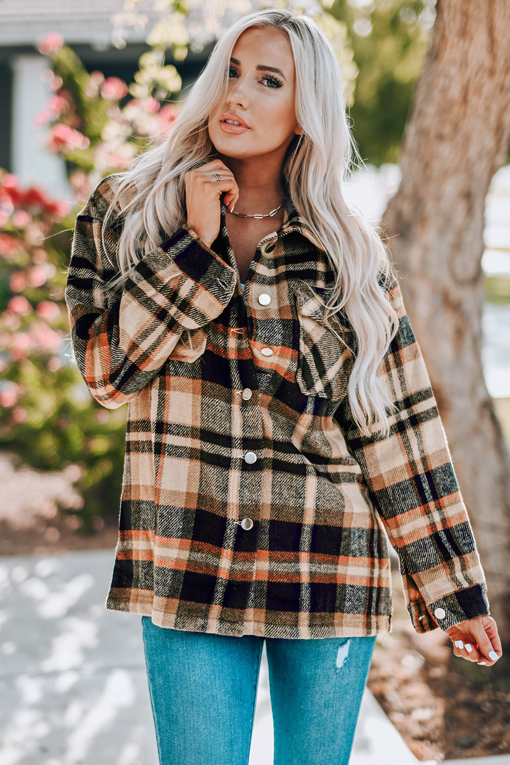 Geometric Plaid Print Pocketed Shacket eAura