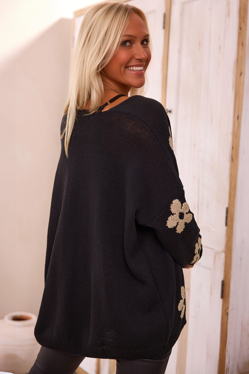Black Floral Print Knitted Open Front Loose Cardigan eAura