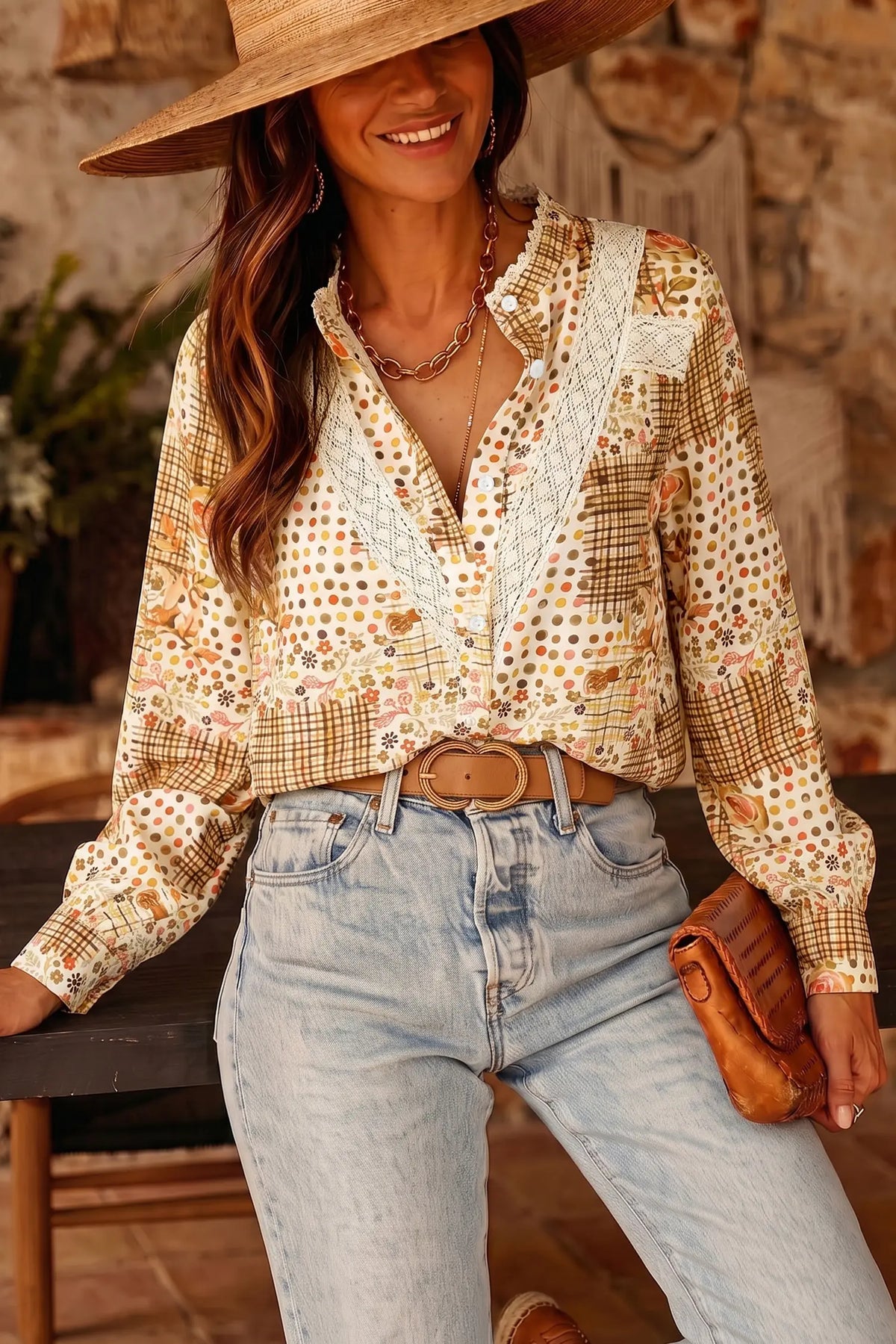 Floral Lace Trim Button Down Long Sleeve Shirt – Brown