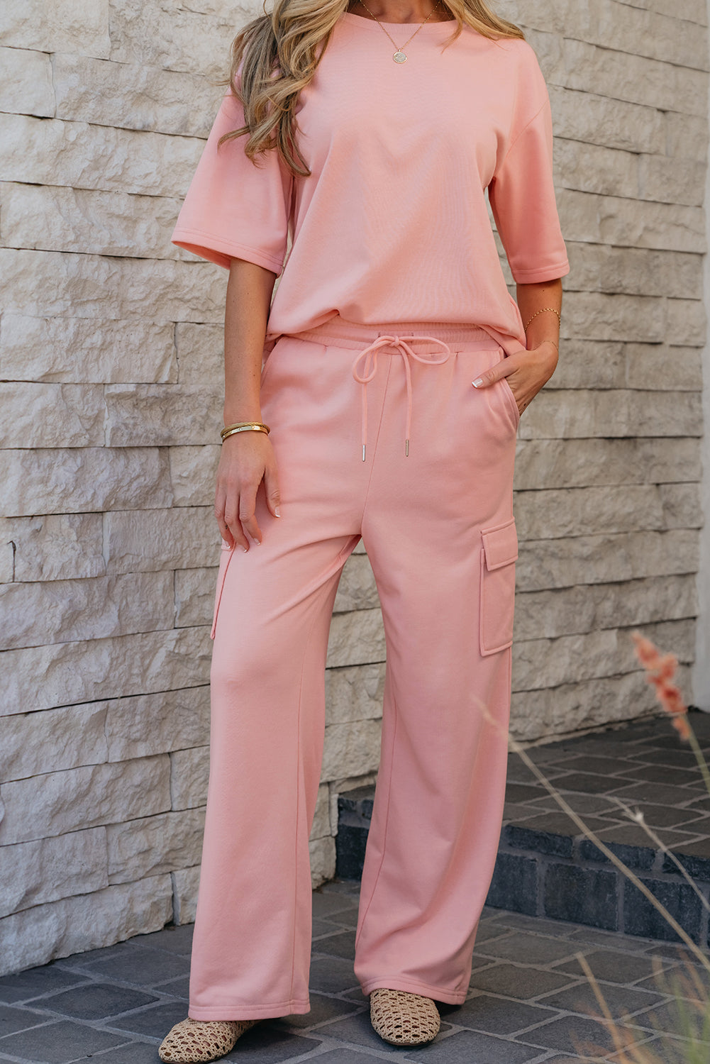 Apricot Pink Half Sleeve T-Shirt & Cargo SweatTrousers Set eAura