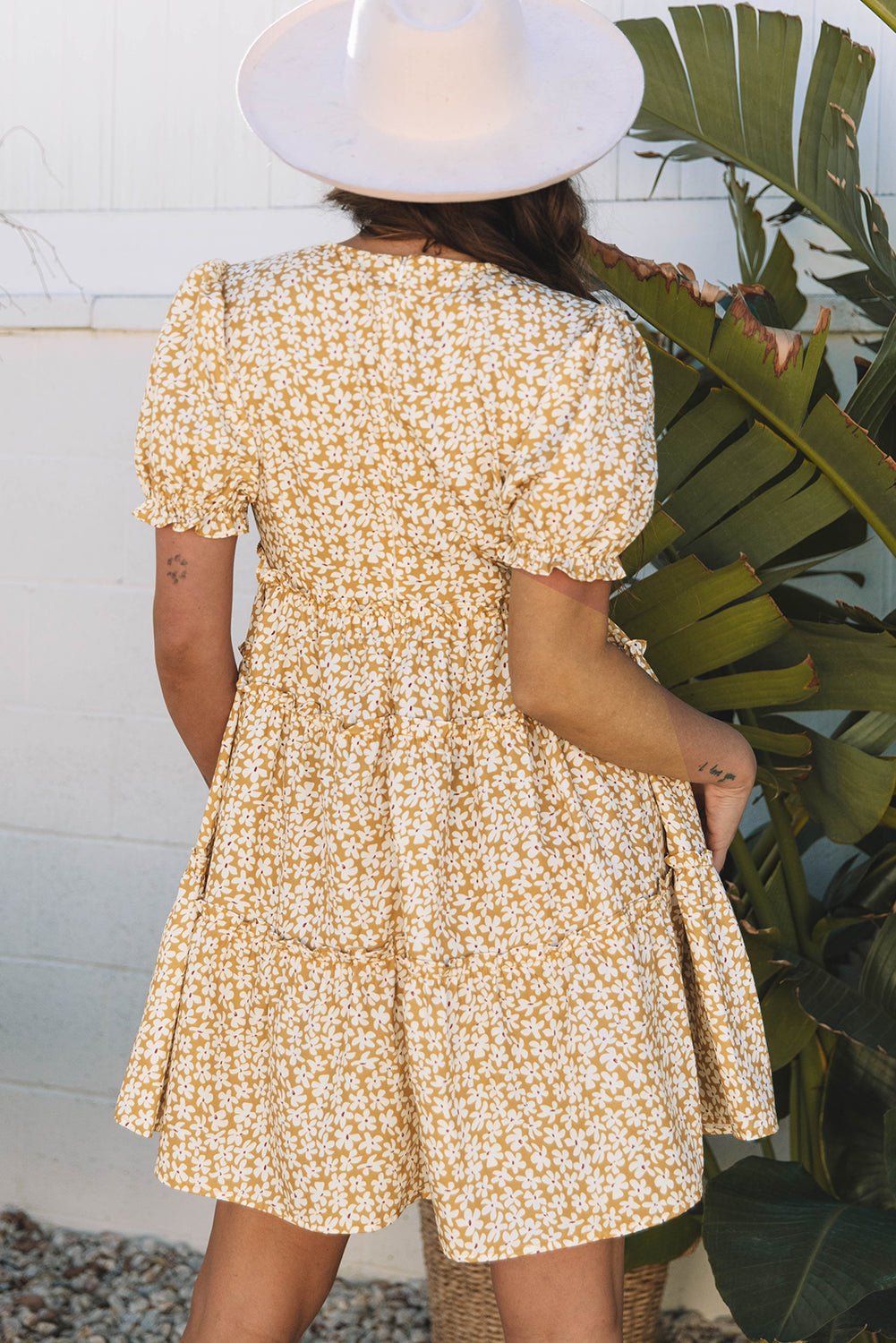 Yellow Floral Short Sleeve V Neck Frilly Tiered Mini Dress eAura