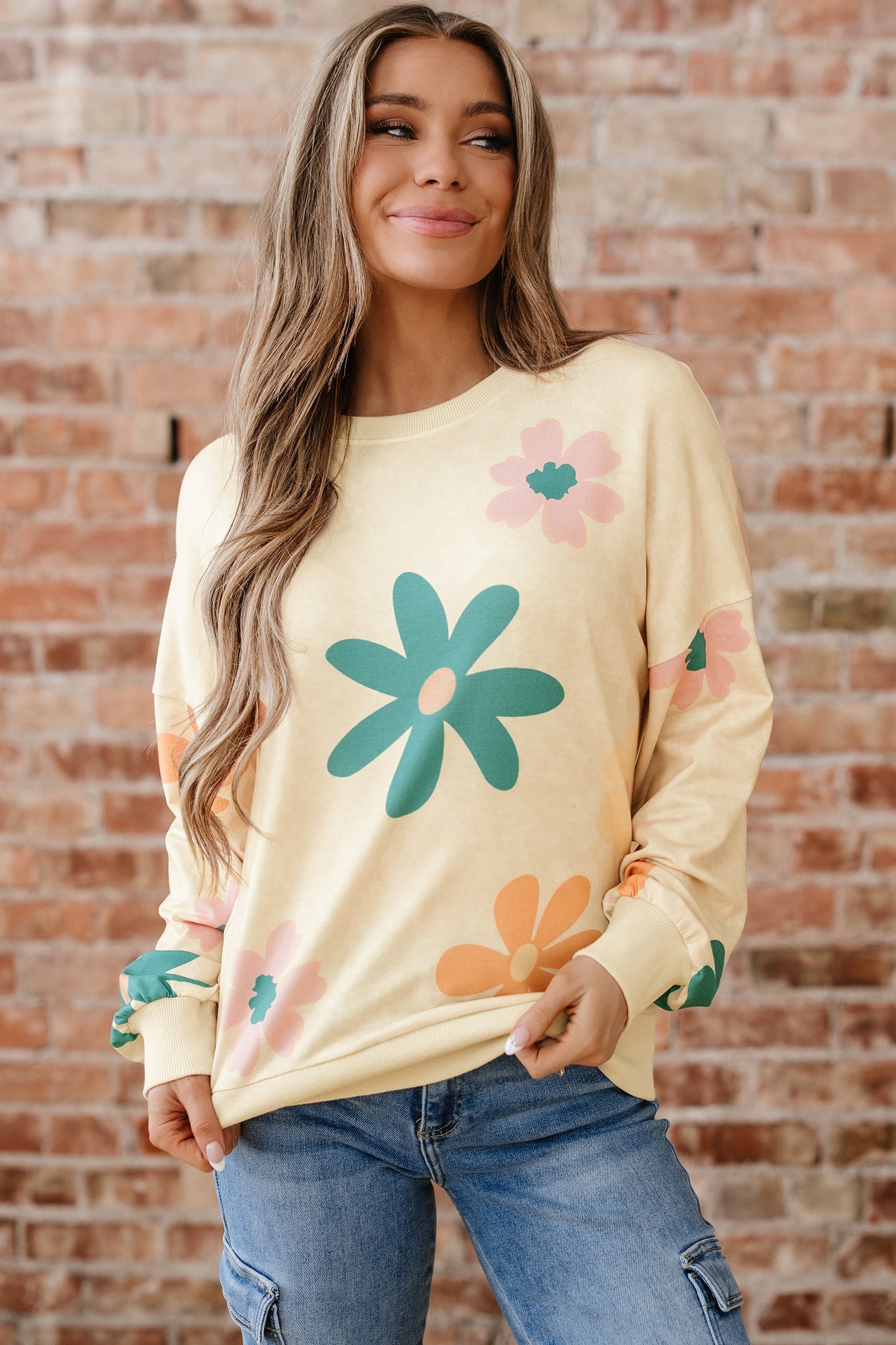 Mineral Washed French Terry Flower Print Sweatshirt - eAura