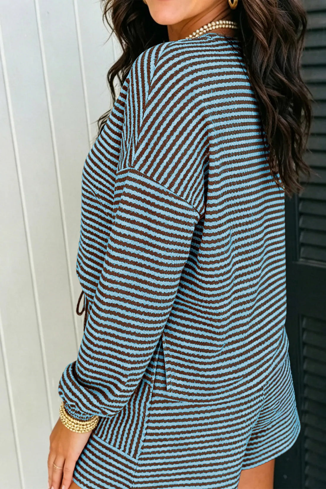 Textured Knit Long Sleeve Top Elastic Waist Shorts Casual Outfit