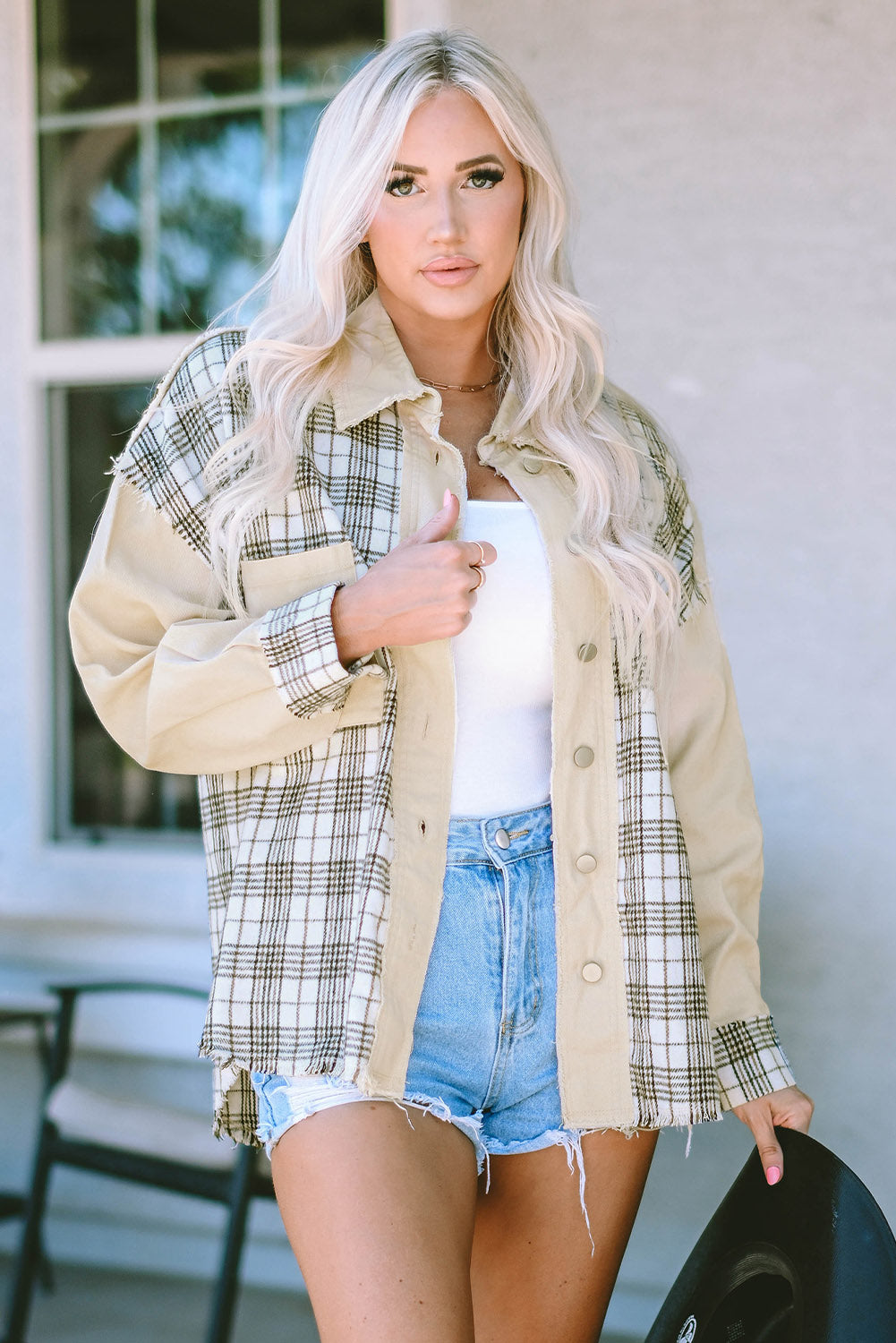 Khaki Distressed Raw Edge Plaid Patchwork Denim Jacket Beagle Boutique Fashion Outlet