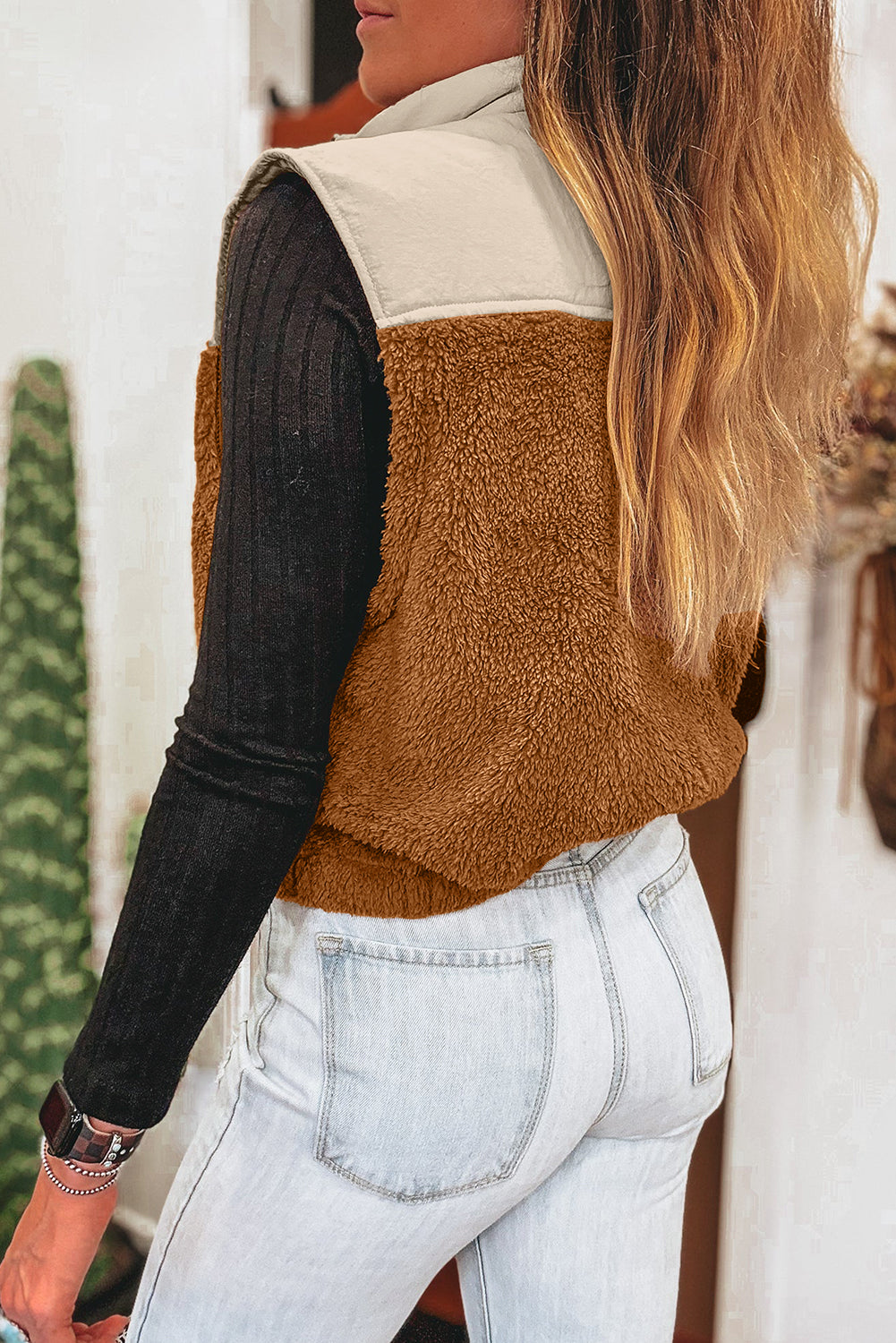 Plush Patchwork Zip Stand Neck Vest - eAura