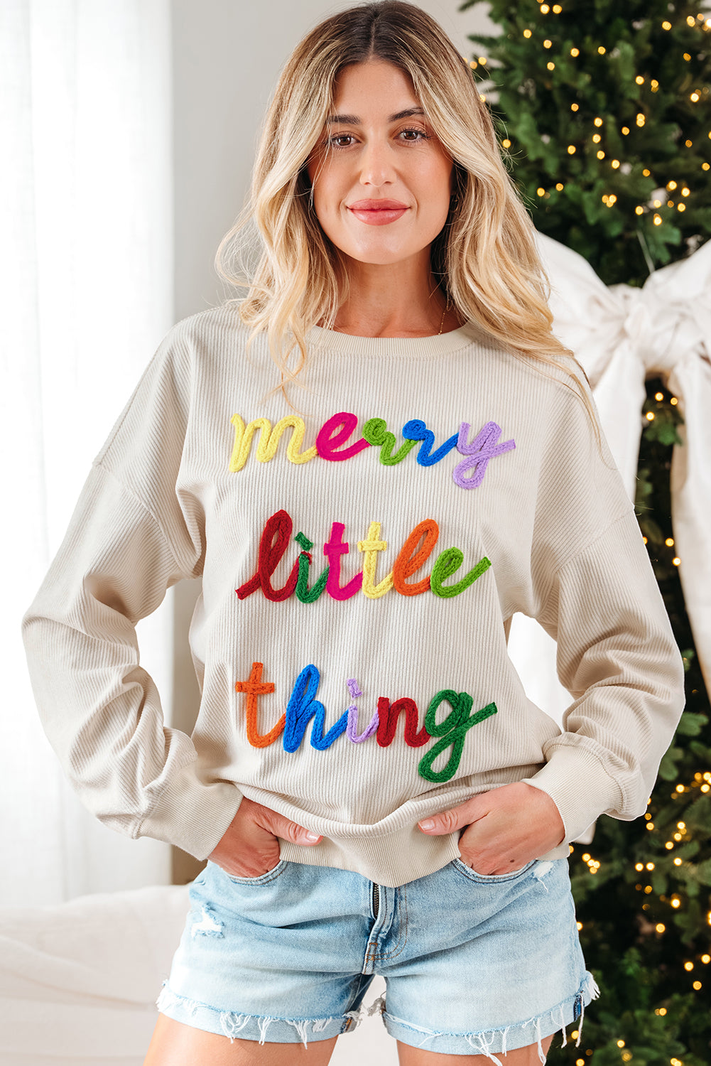 Merry Little Thing Corded Letter Graphic Ribbed Loose Sweatshirt - eAura