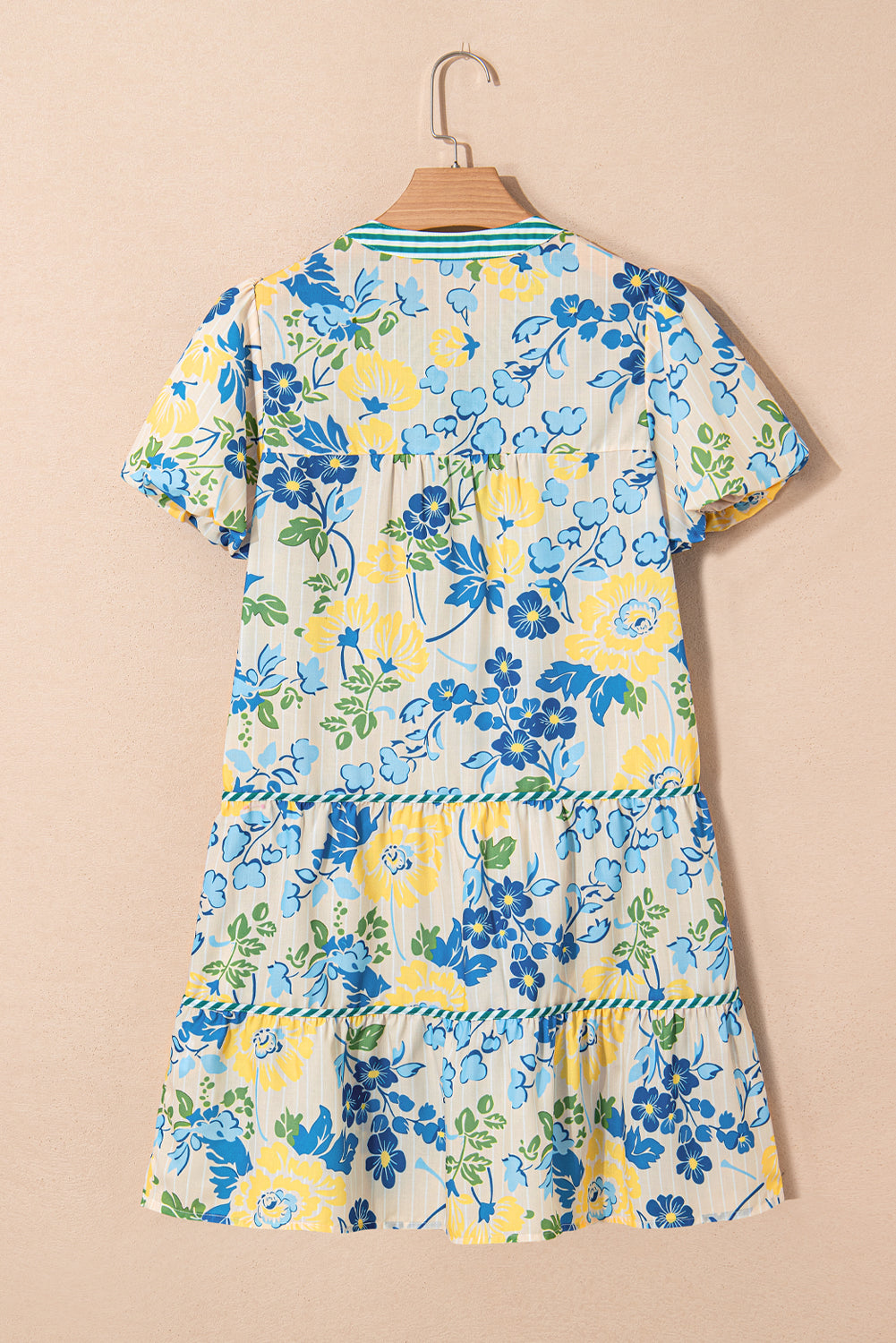 Blue Floral Striped Trim Puff Short Sleeve Dress eAura