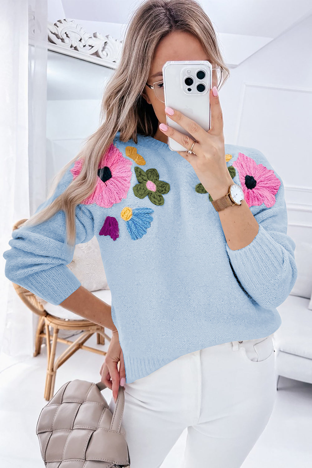 Light Blue Knitted Flower Pattern Ribbed Edge Sweater eAura