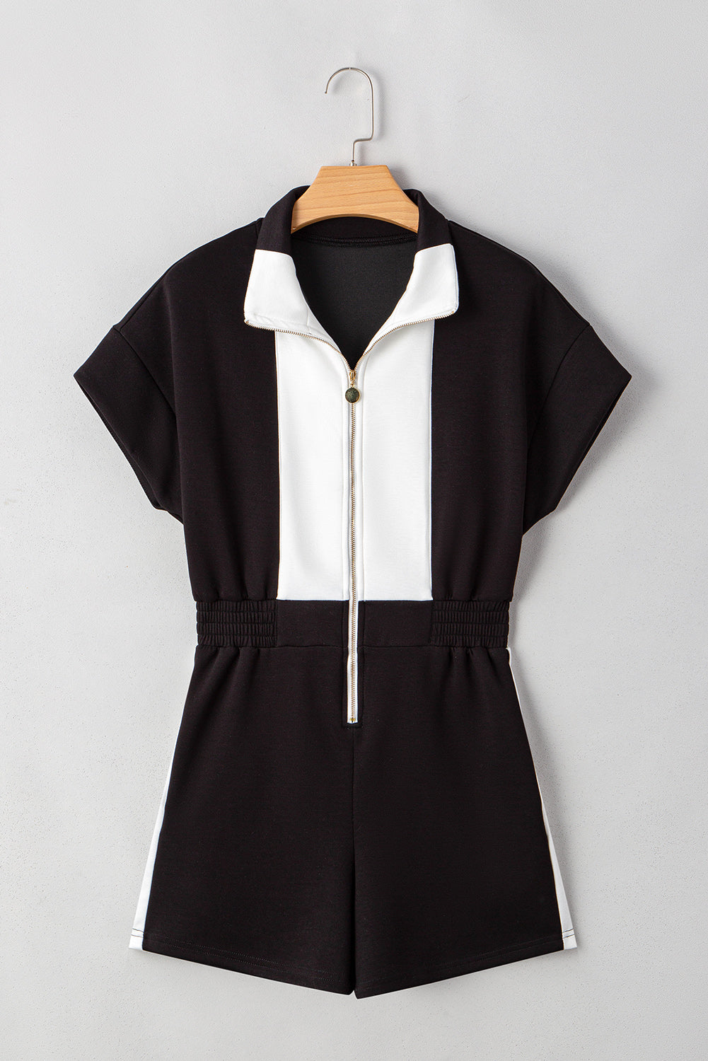 Black Contrast Collar Patchwork Zip Front Romper eAura