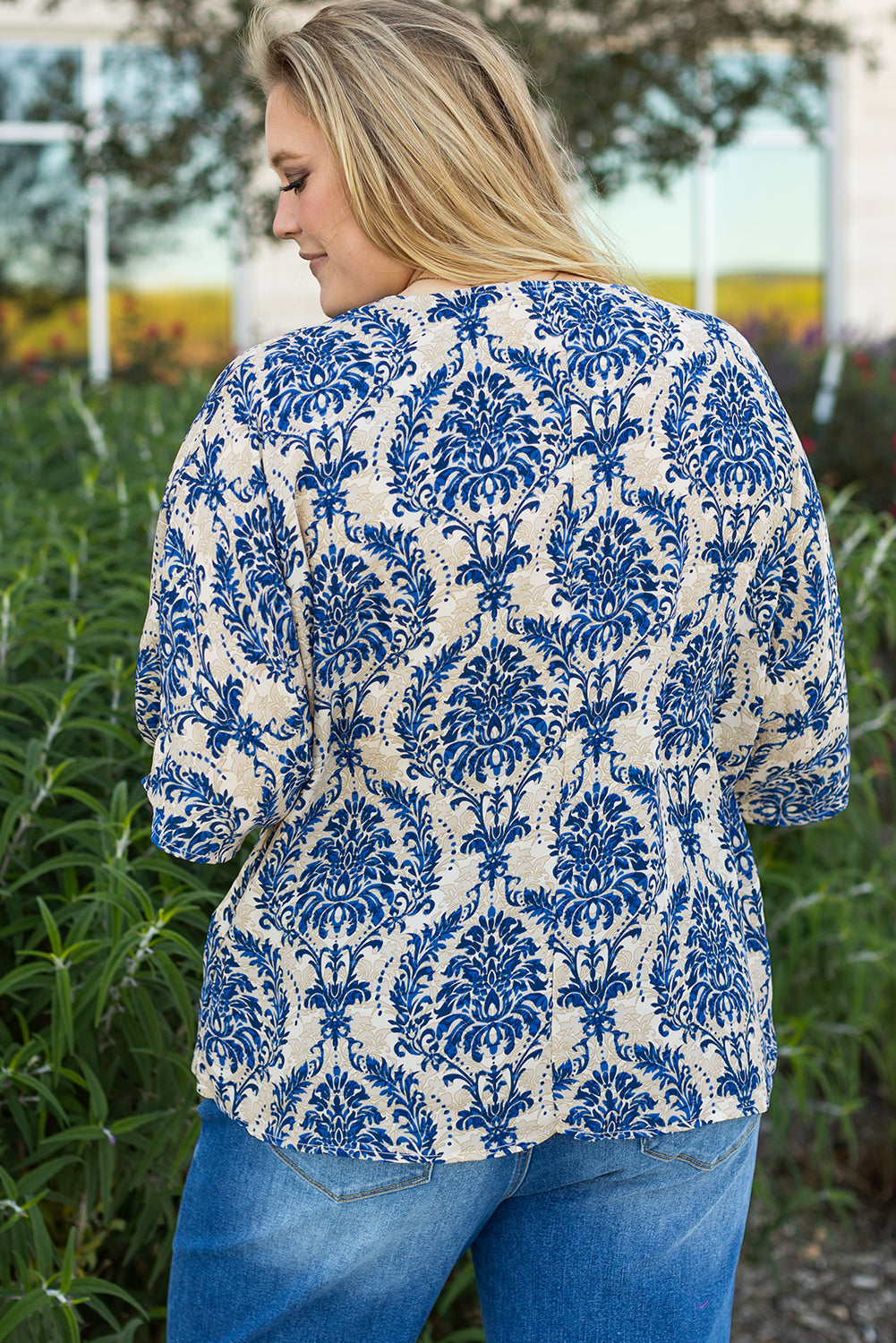 Blue Plus Size Ethnic Printed 3/4 Sleeve V Neck Loose Blouse BB Fashion Outlet
