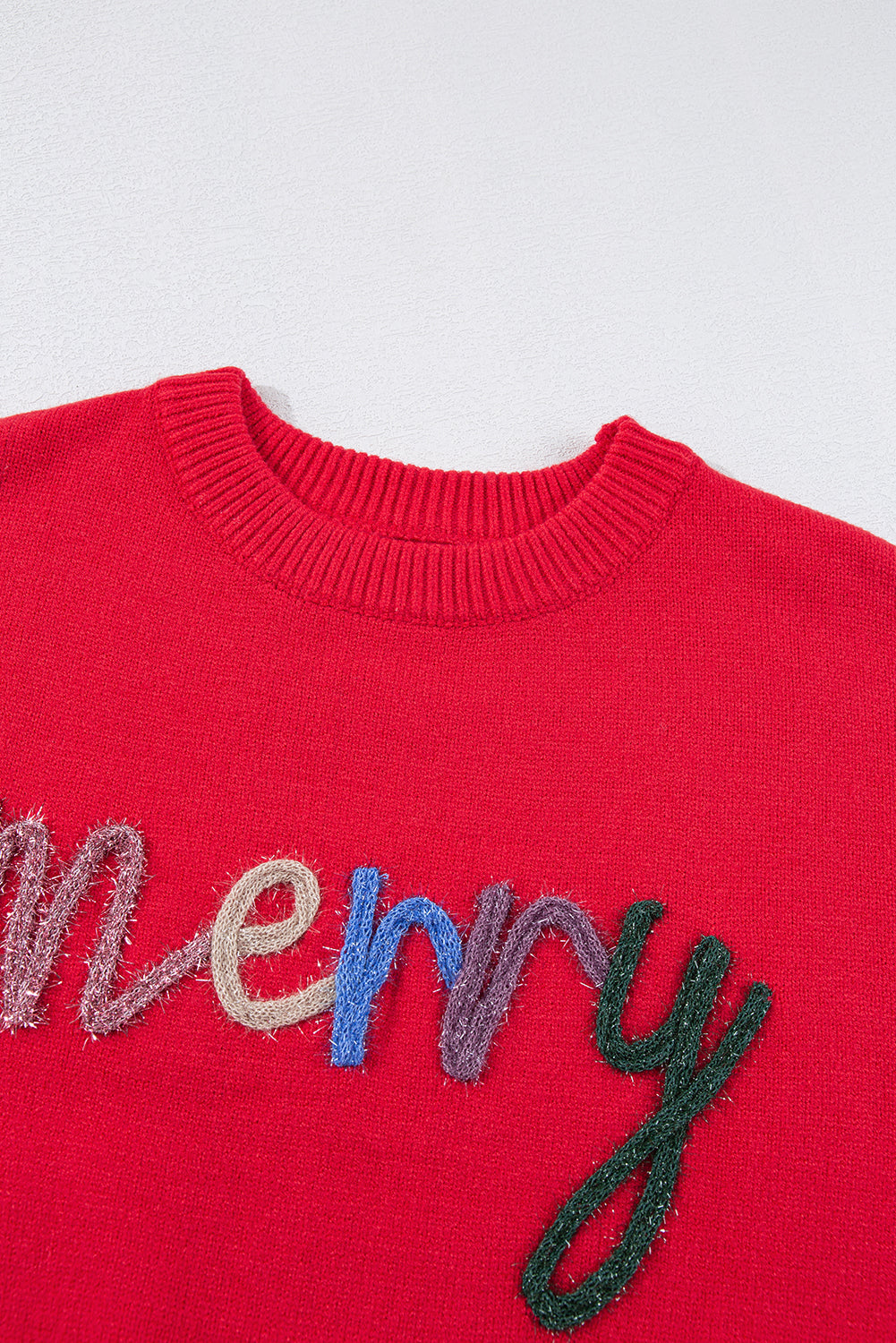 Fiery Red Tinsel Merry Letter Drop Shoulder Baggy Sweater eAura