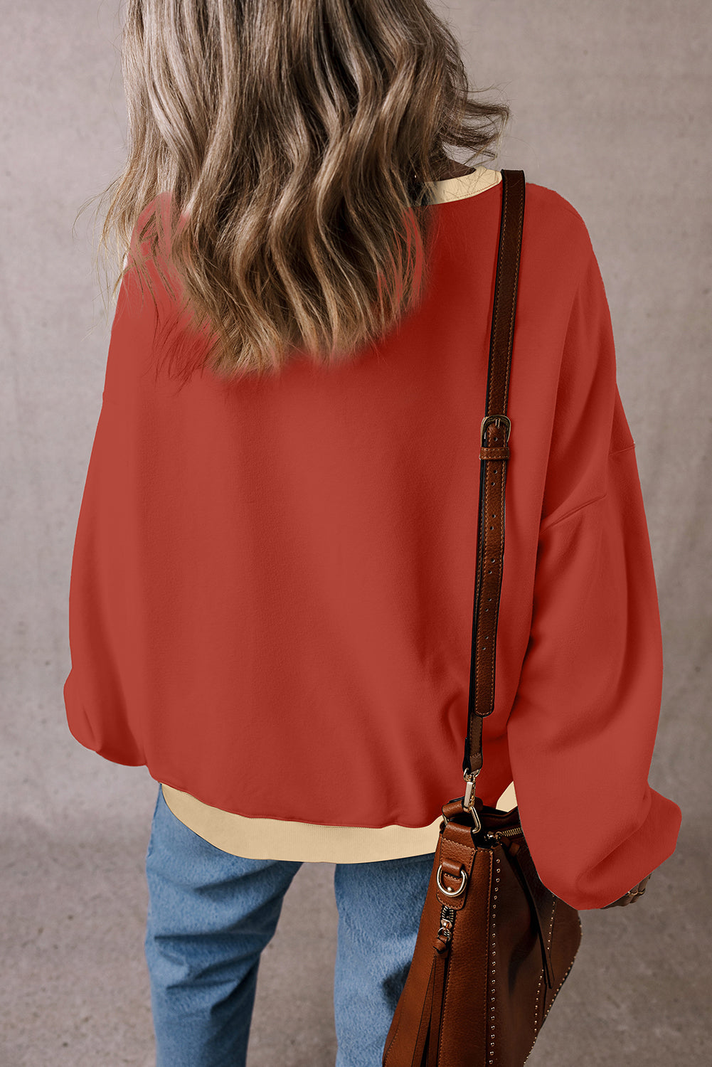 Red Clay Colour Block Patch Drop Shoulder Oversized Sweatshirt eAura