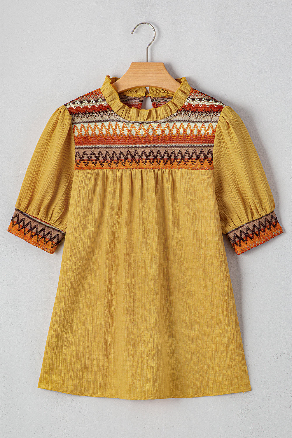 Mustard Geometric Short Puff Sleeve Frilled Collar Blouse eAura