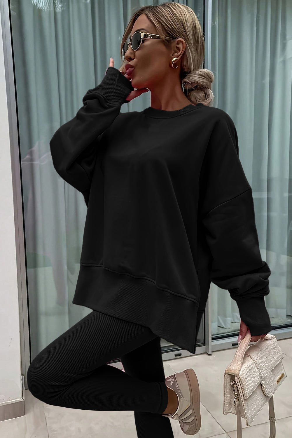 Oversize Slit Sweatshirt and Ribbed Leggings Co-ord Set