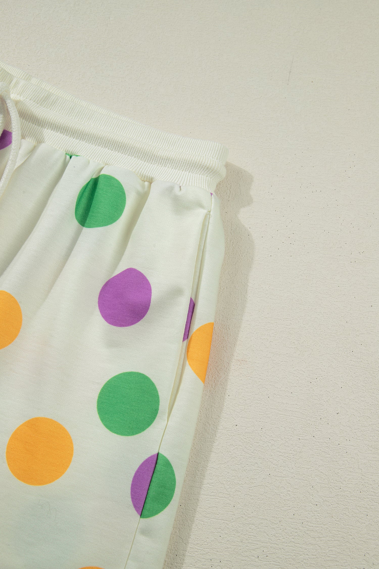 Polka Dot Print Drop Shoulder Pullover Drawstring Shorts Set