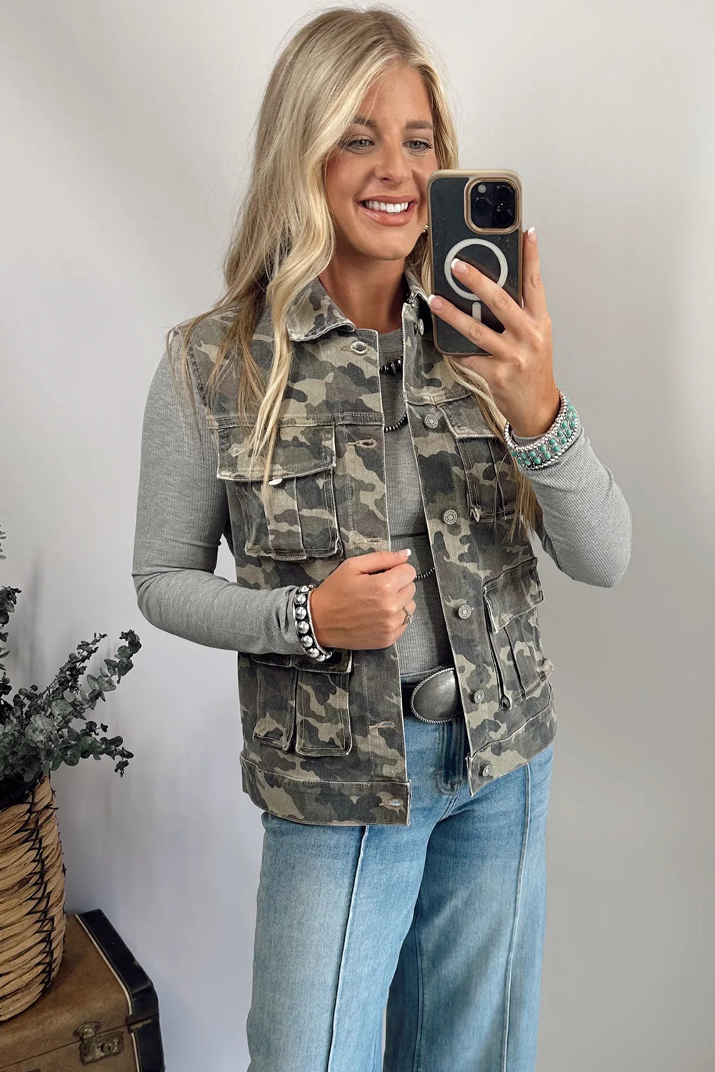 Green Camo Cargo Denim Vest - eAura