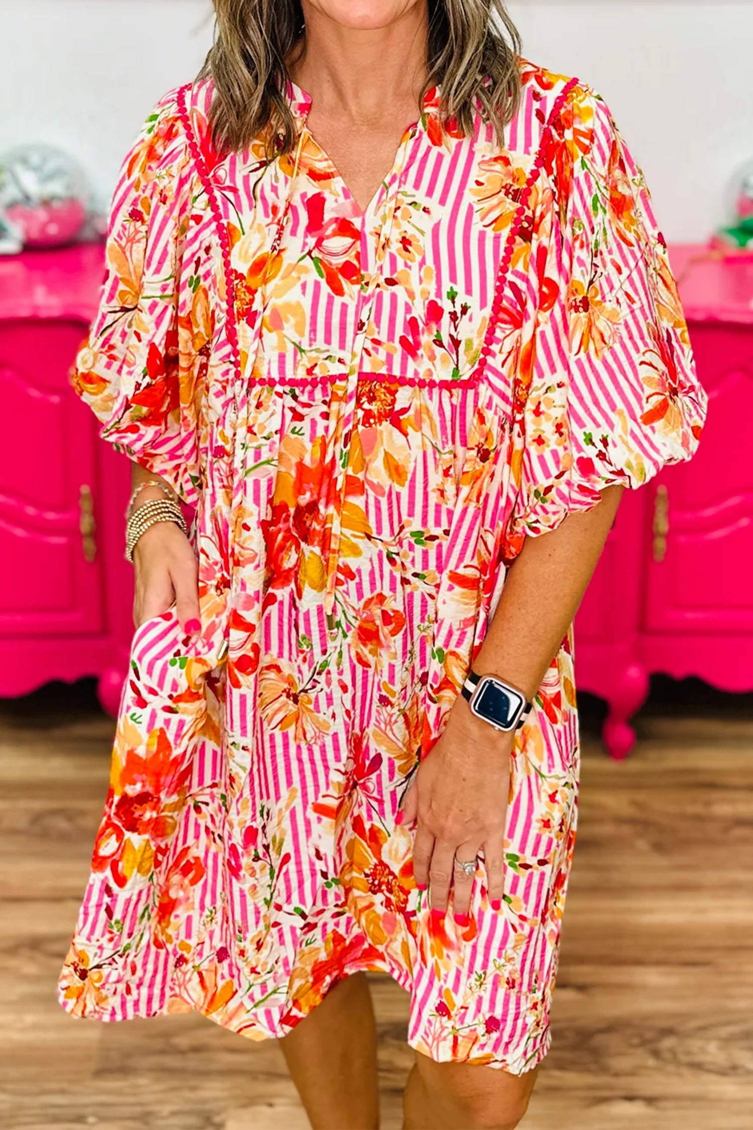 Striped Floral Print Tie Neck Puff Sleeve Loose Mini Dress