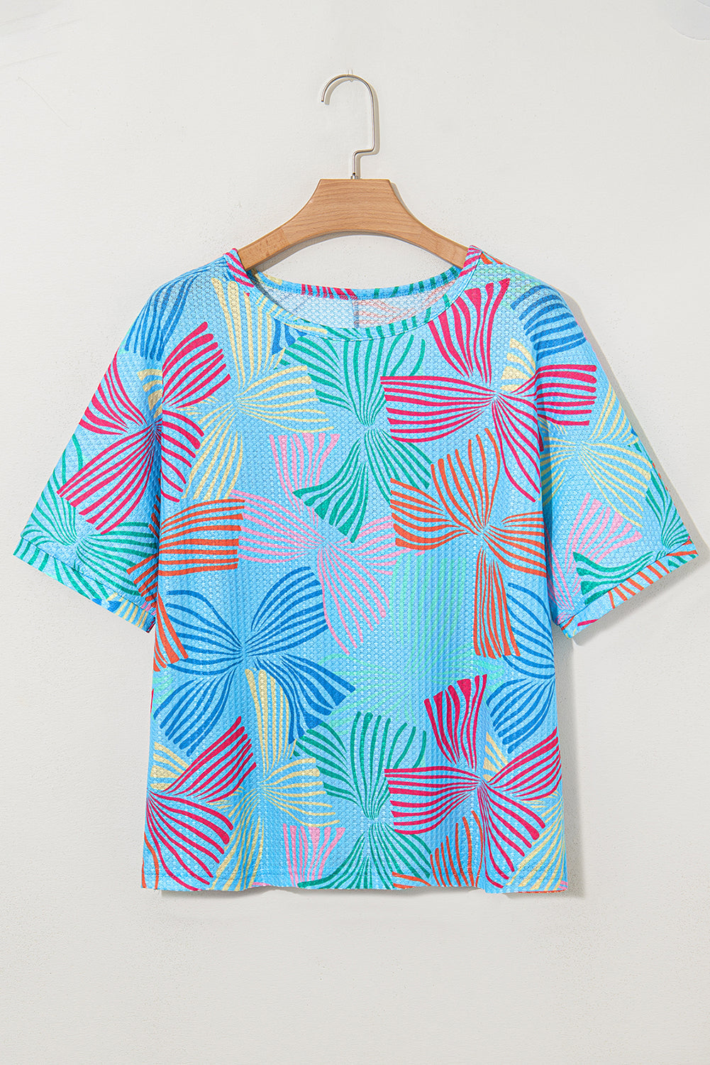 Bowknot Print Waffle Crewneck Loose Short Sleeve Top eAura