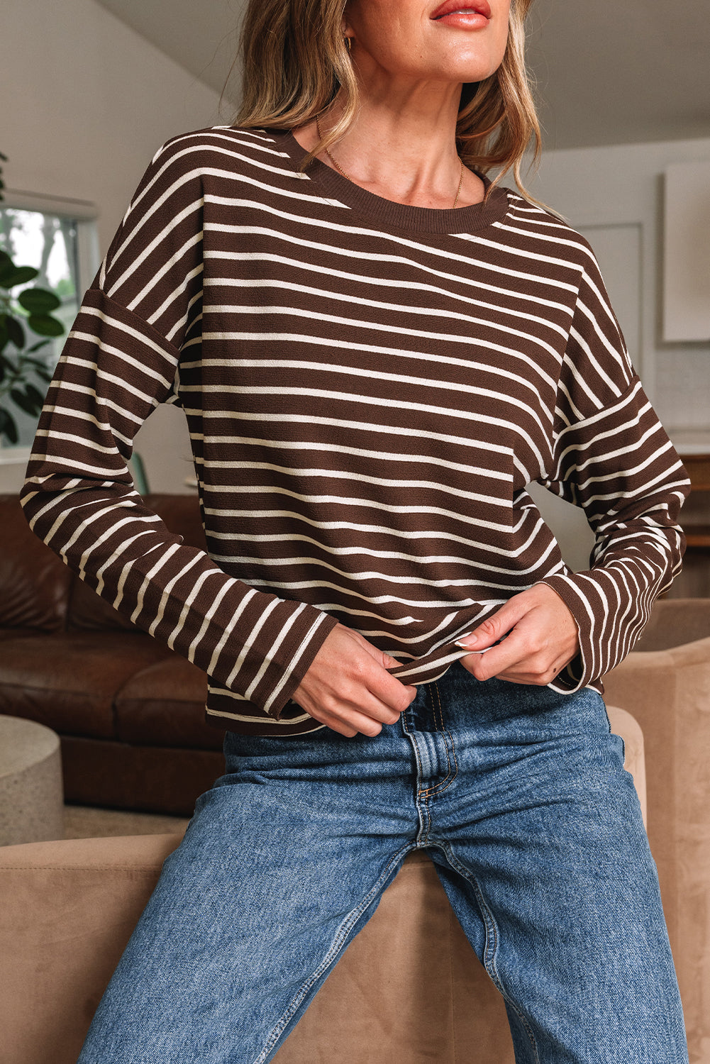 Striped Ribbed Cropped Long Sleeve T-Shirt - eAura