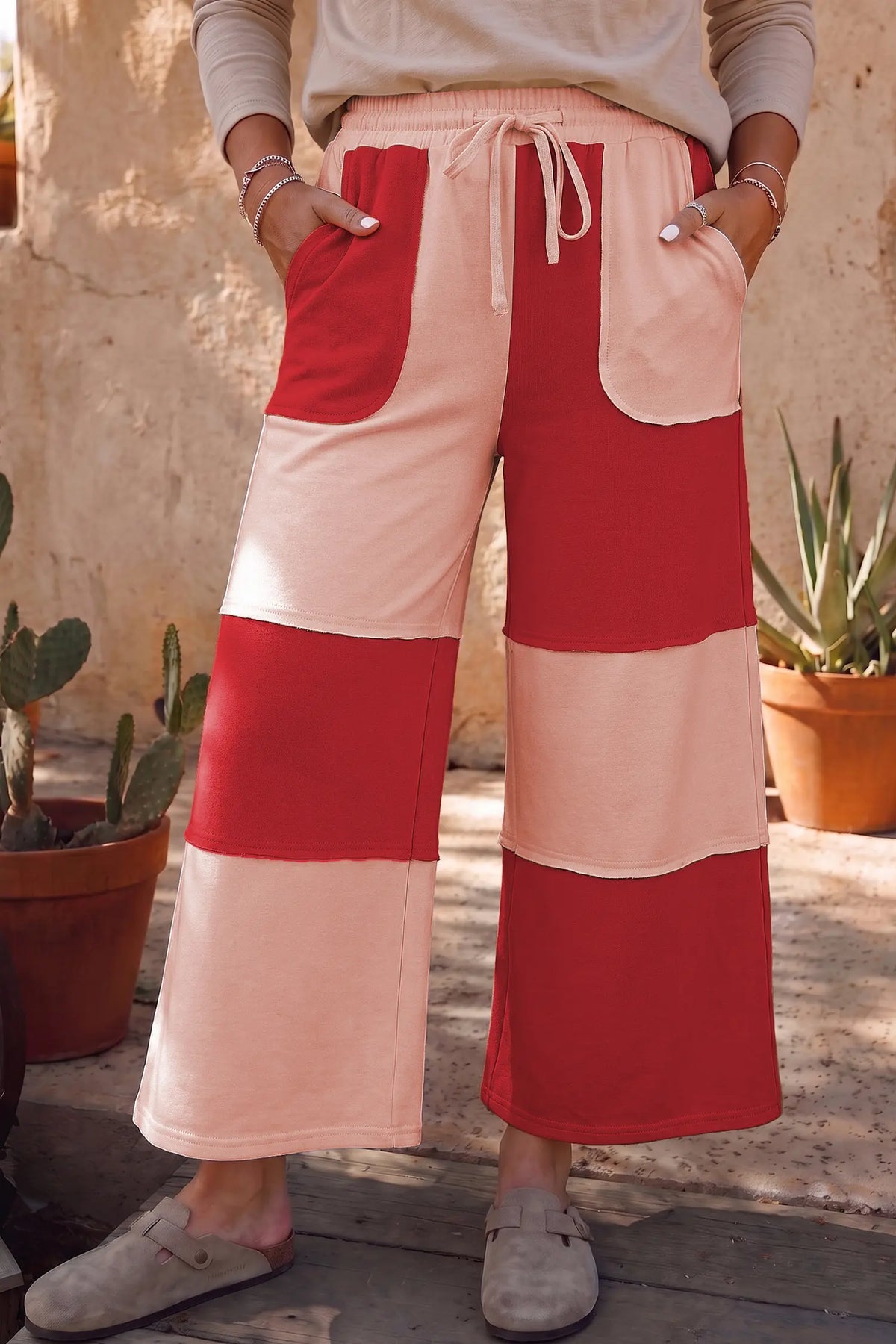 Raw Seam Colourblock Wide Leg Ankle Length Casual Pants – Fiery Red